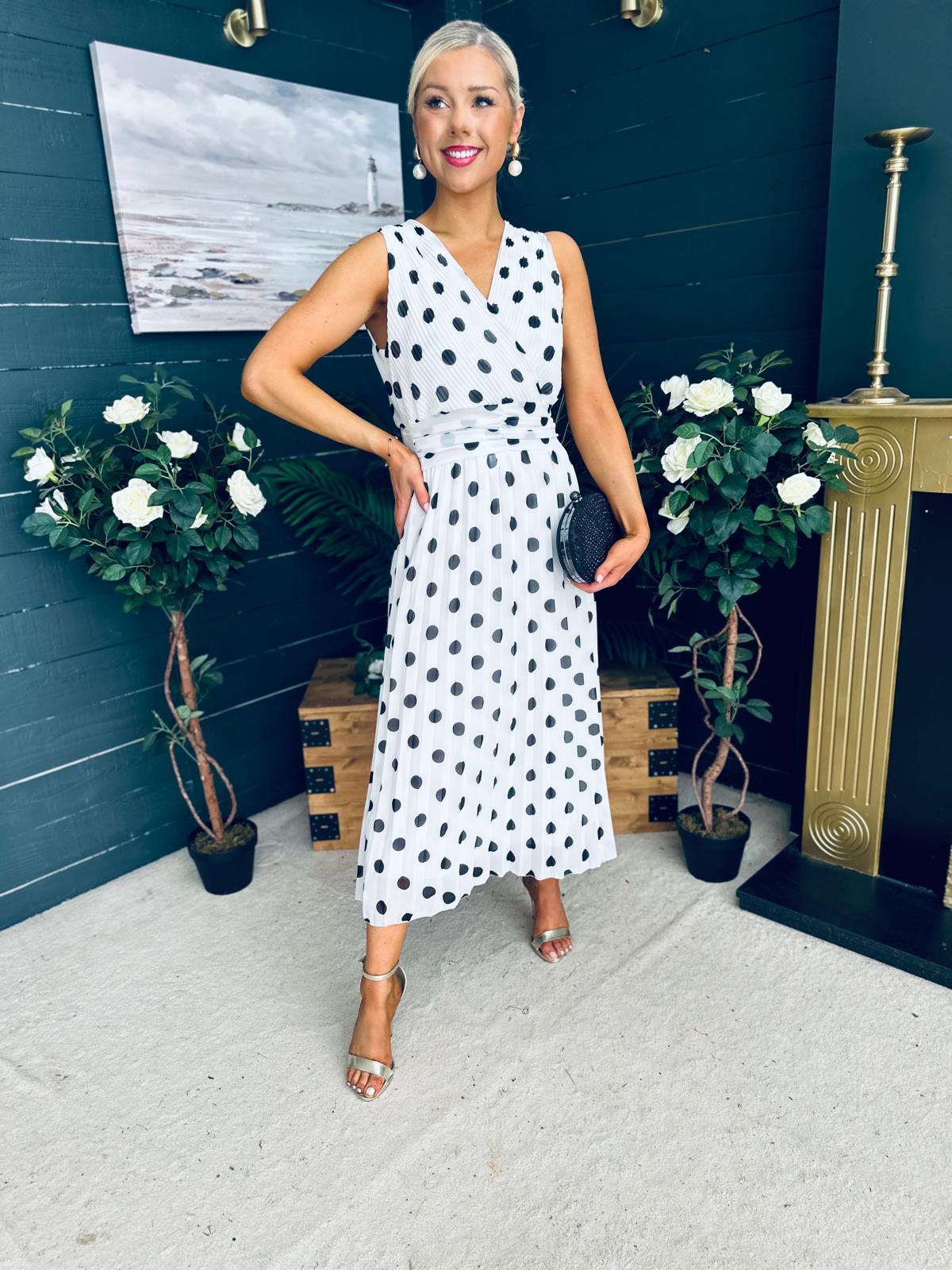 Michelle Banded Midi Dress Polka White