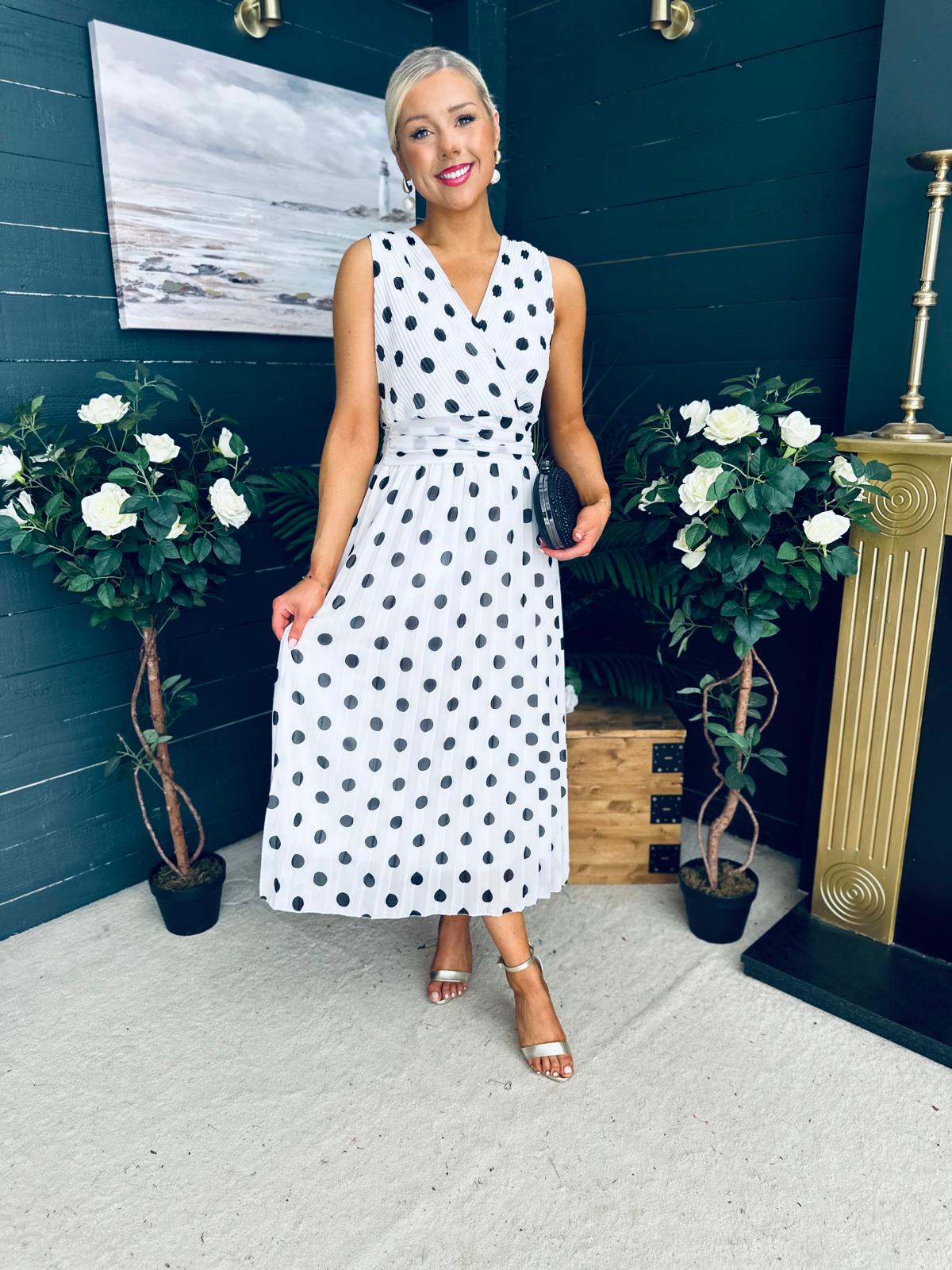 Michelle Banded Midi Dress Polka White