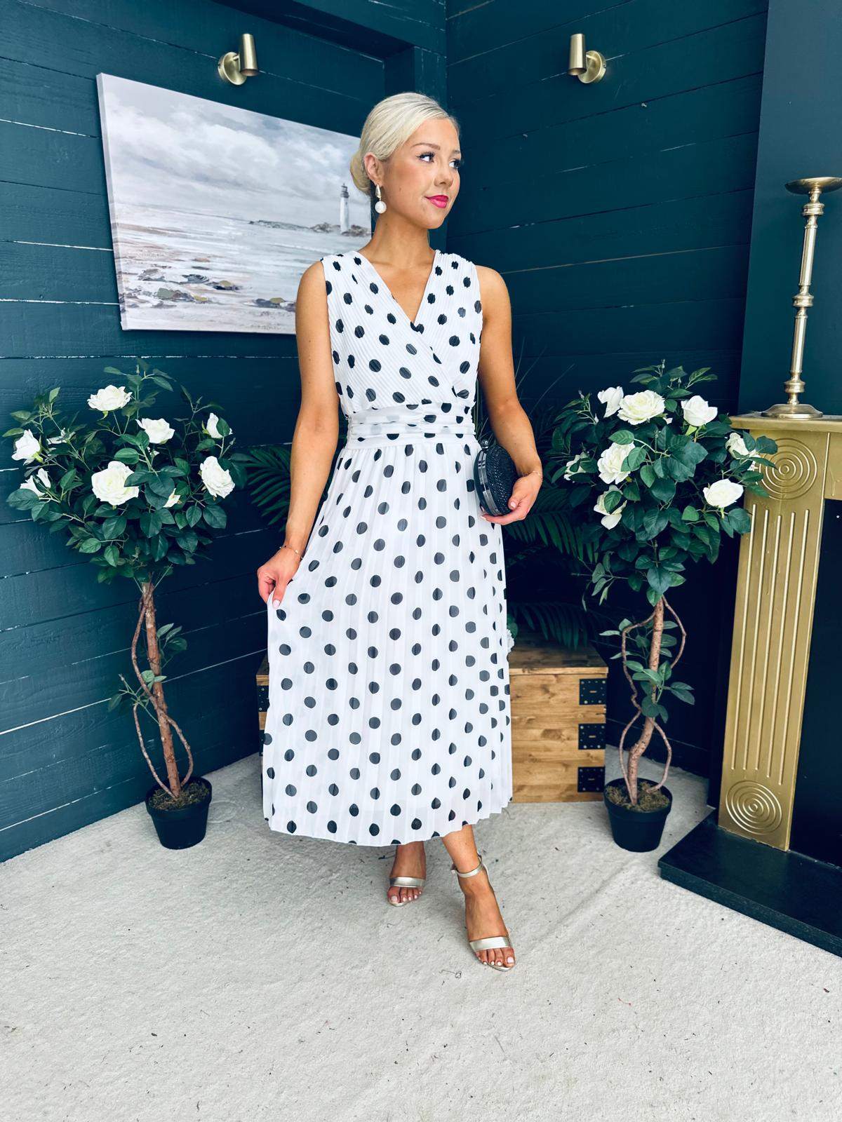 Michelle Banded Midi Dress Polka White