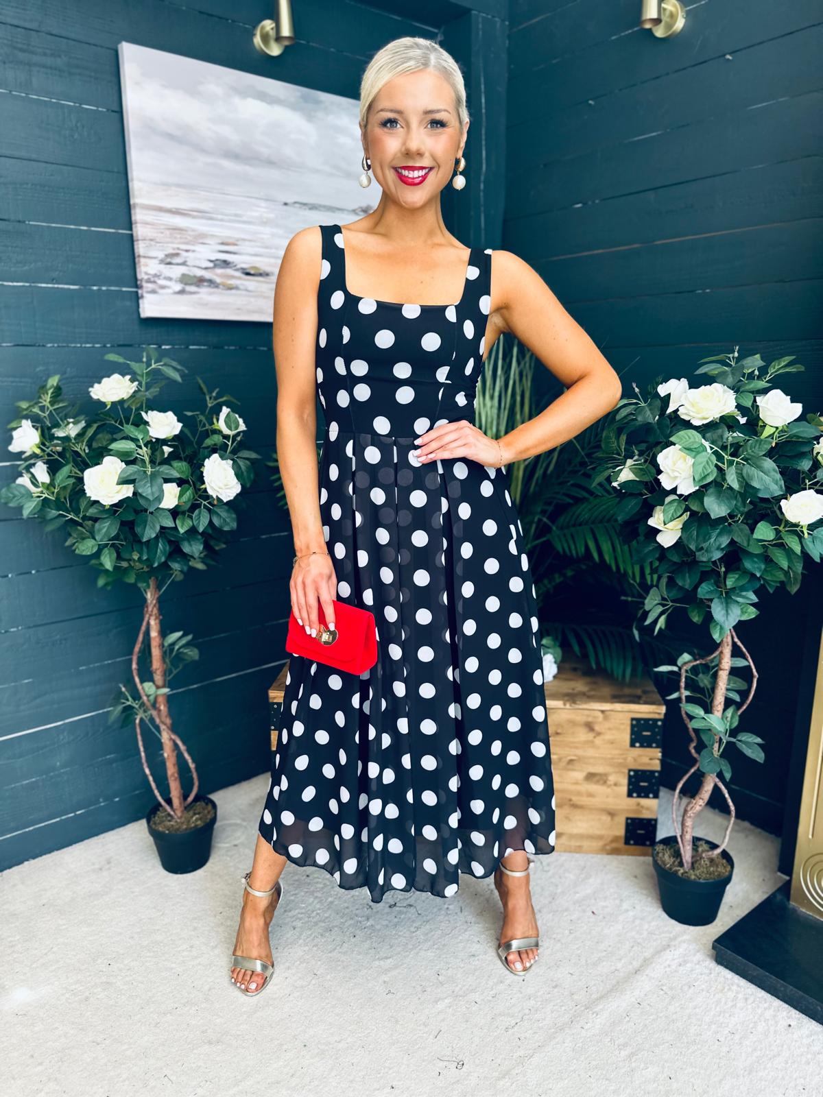 Tracey Detailed Midi Dress Polka Black