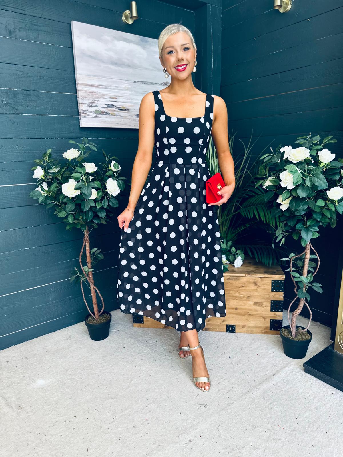 Tracey Detailed Midi Dress Polka Black