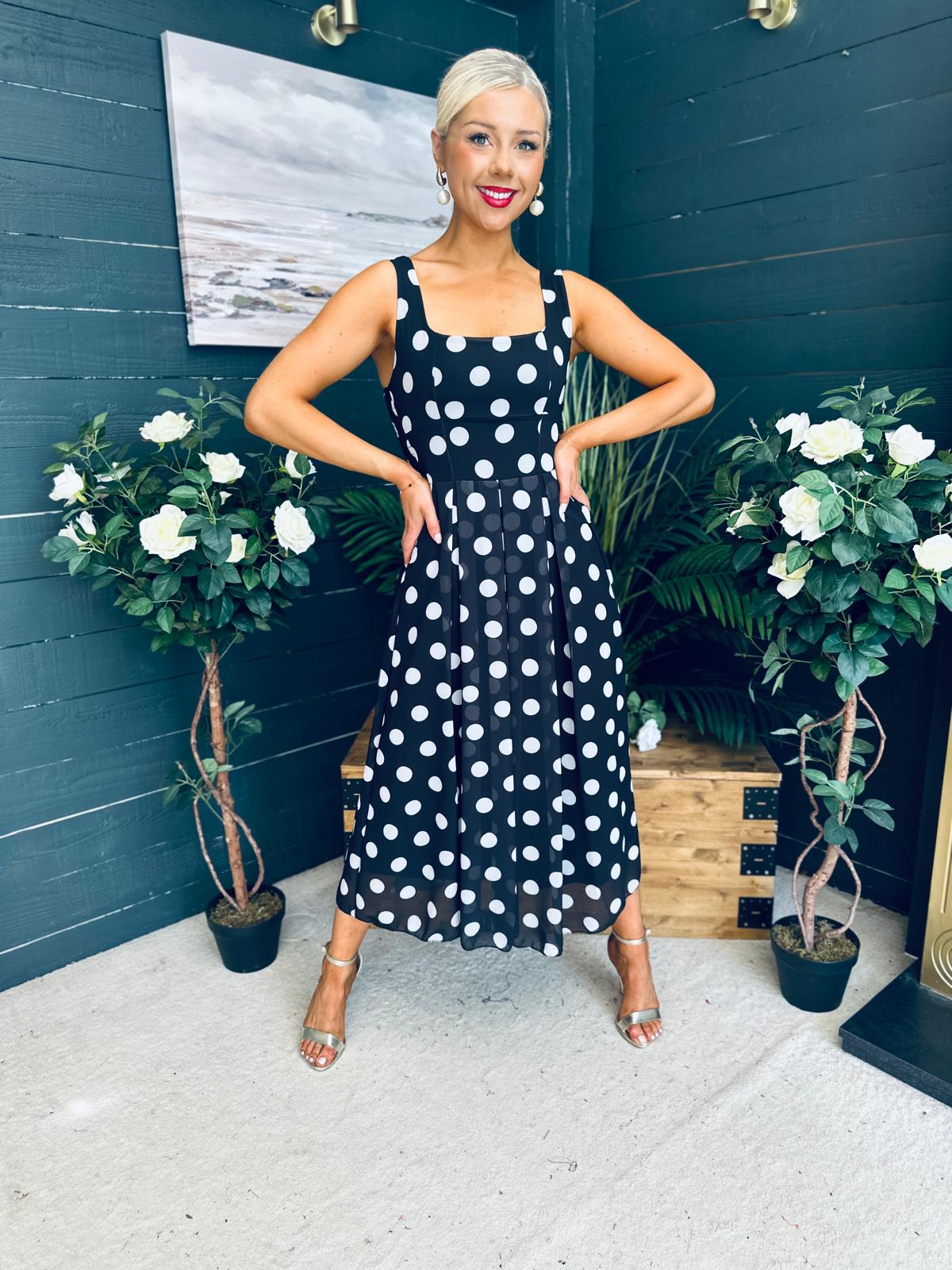 Tracey Detailed Midi Dress Polka Black