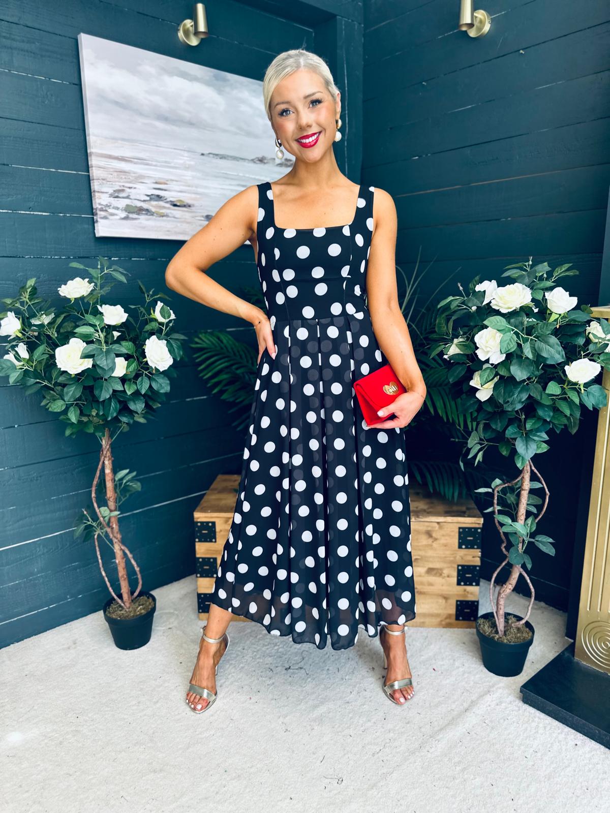 Tracey Detailed Midi Dress Polka Black