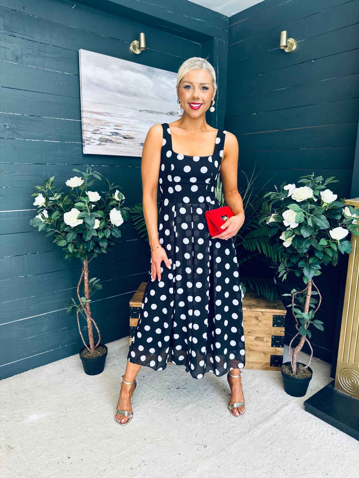 Tracey Detailed Midi Dress Polka Black