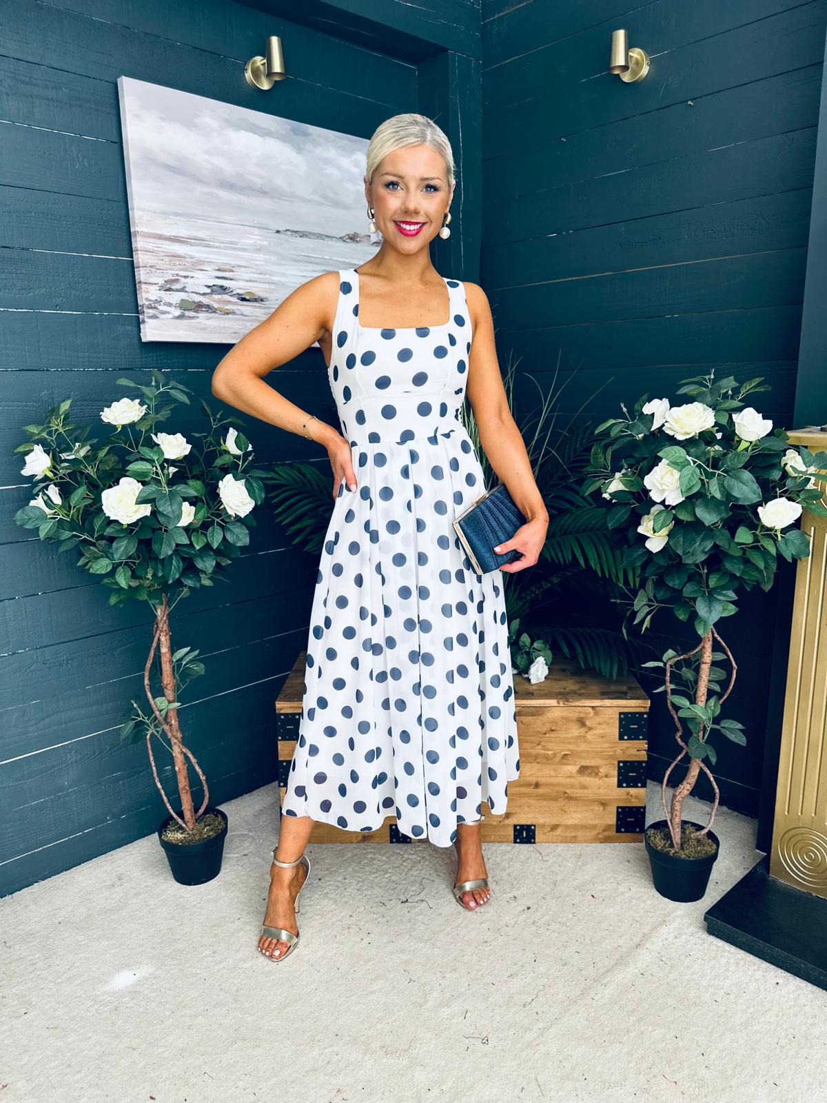 Tracey Detailed Midi Dress Polka Navy / White