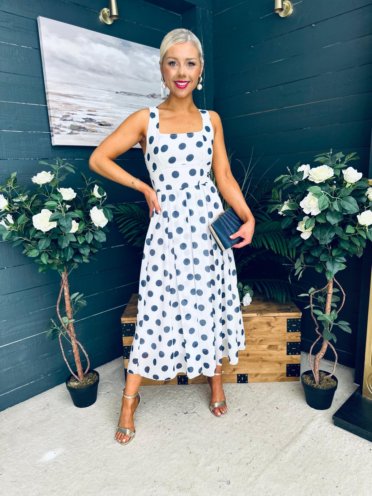 Tracey Detailed Midi Dress Polka Navy / White