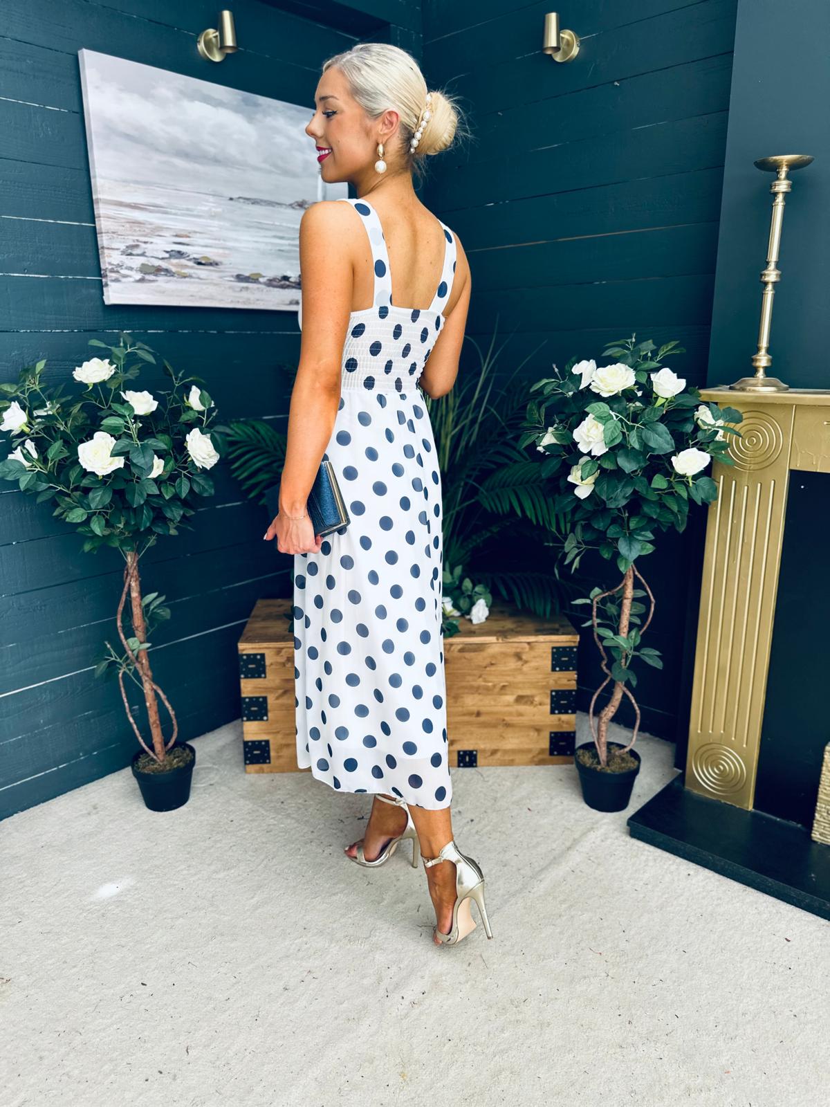 Tracey Detailed Midi Dress Polka Navy / White
