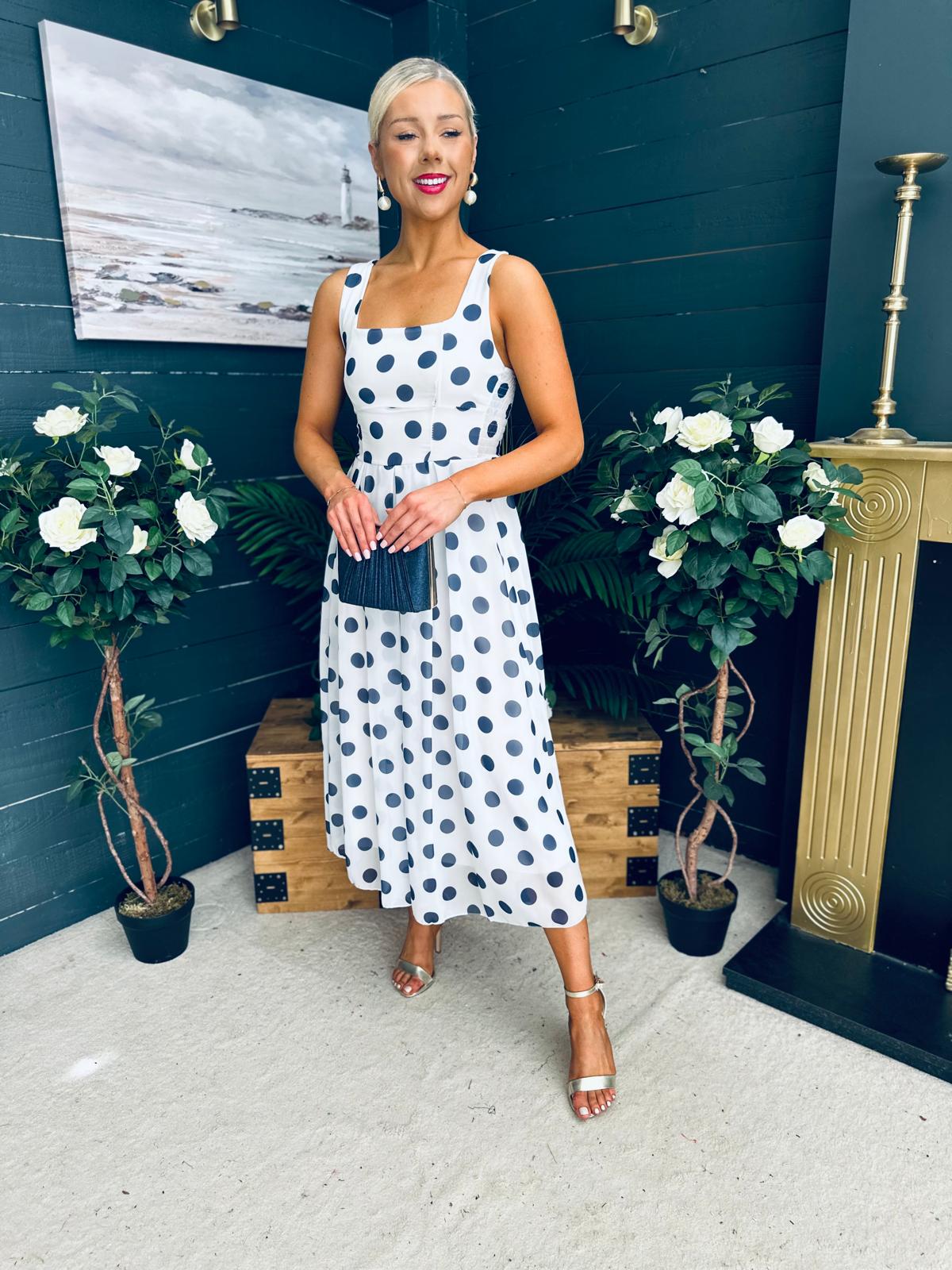 Tracey Detailed Midi Dress Polka Navy / White
