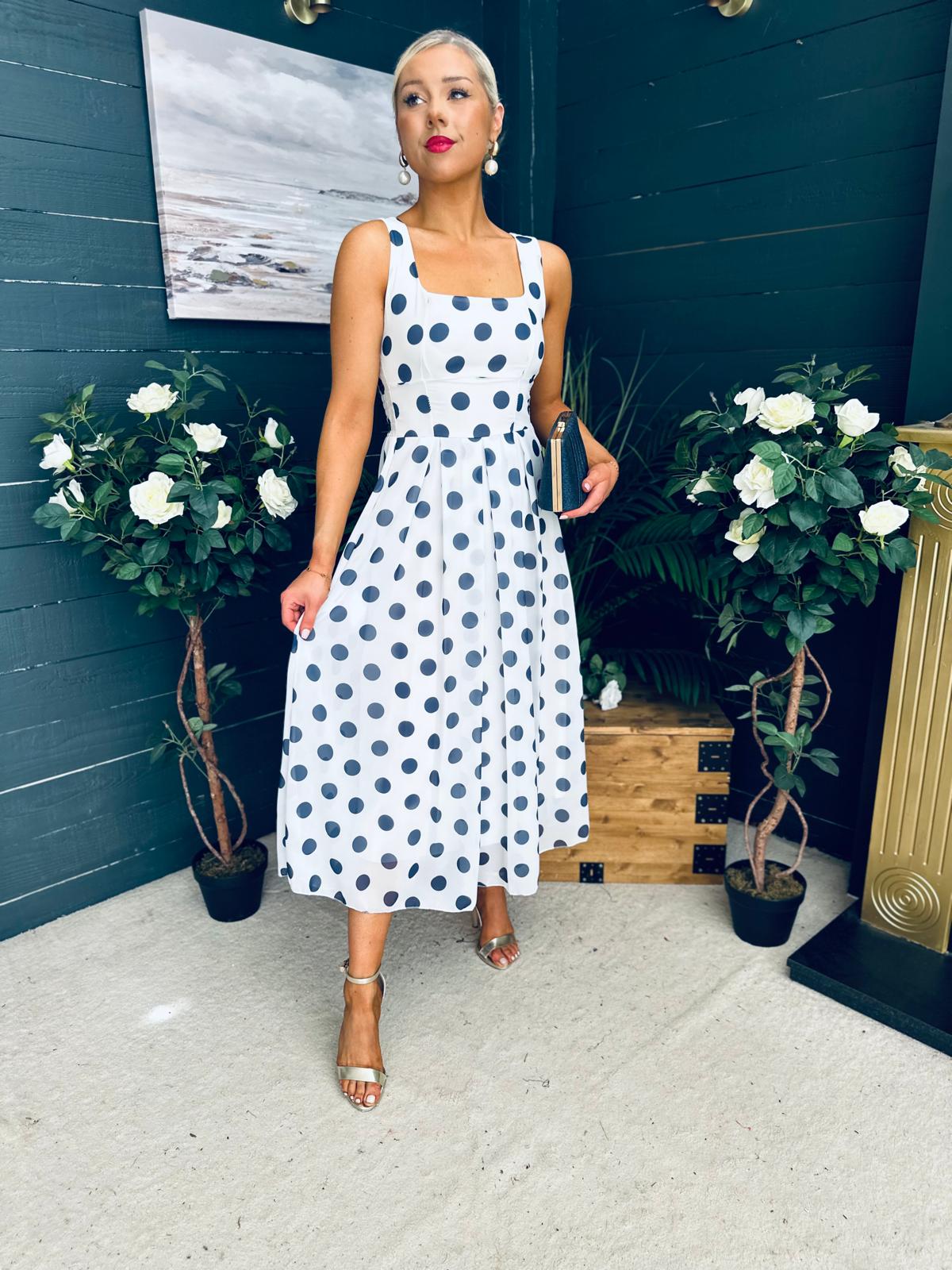 Tracey Detailed Midi Dress Polka Navy / White