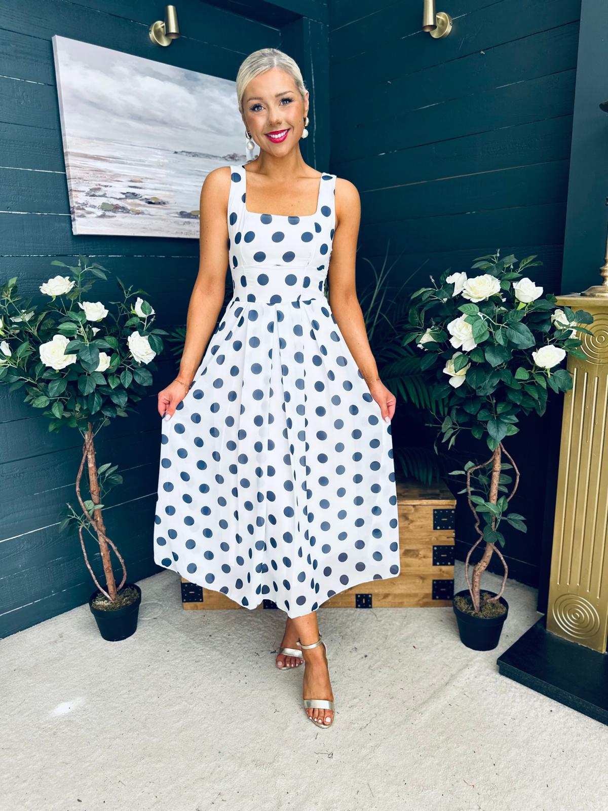 Tracey Detailed Midi Dress Polka Navy / White