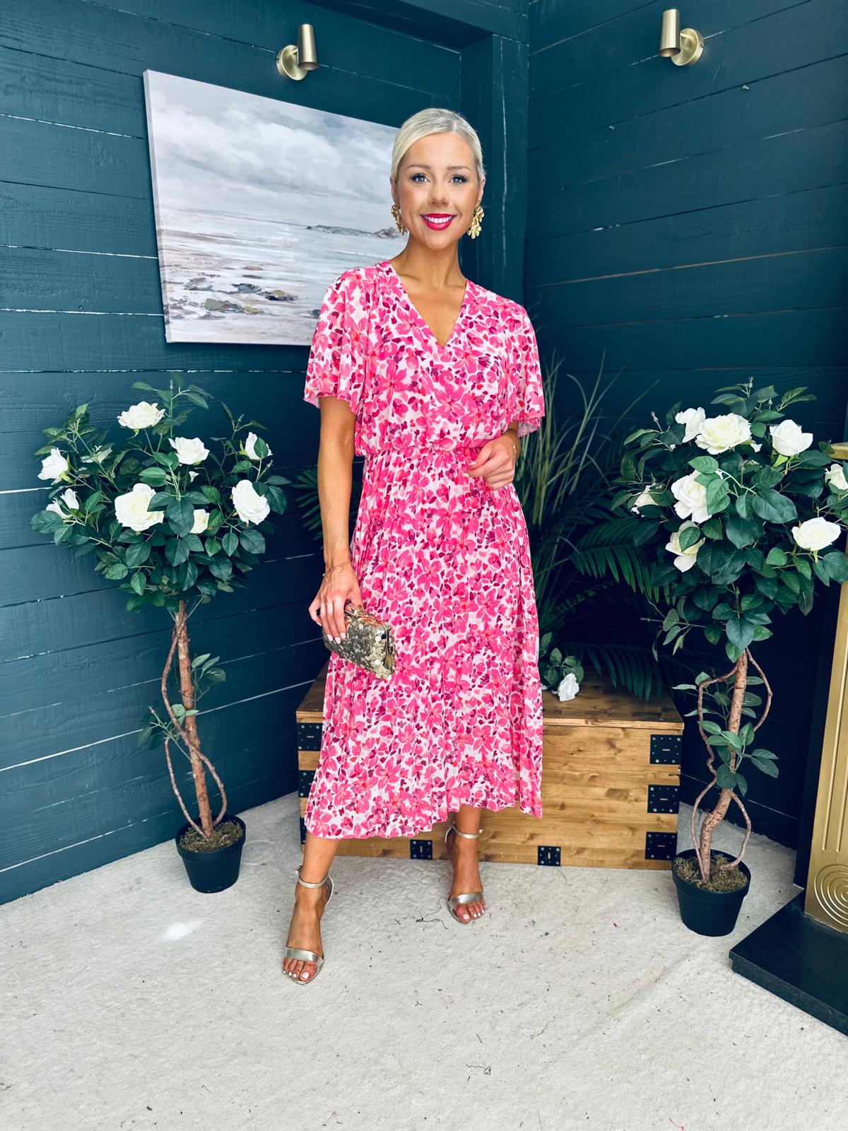 Paige Pleated Midi Dress Floral Fuchsia