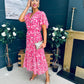 Paige Pleated Midi Dress Floral Fuchsia