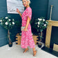 Paige Pleated Midi Dress Floral Fuchsia