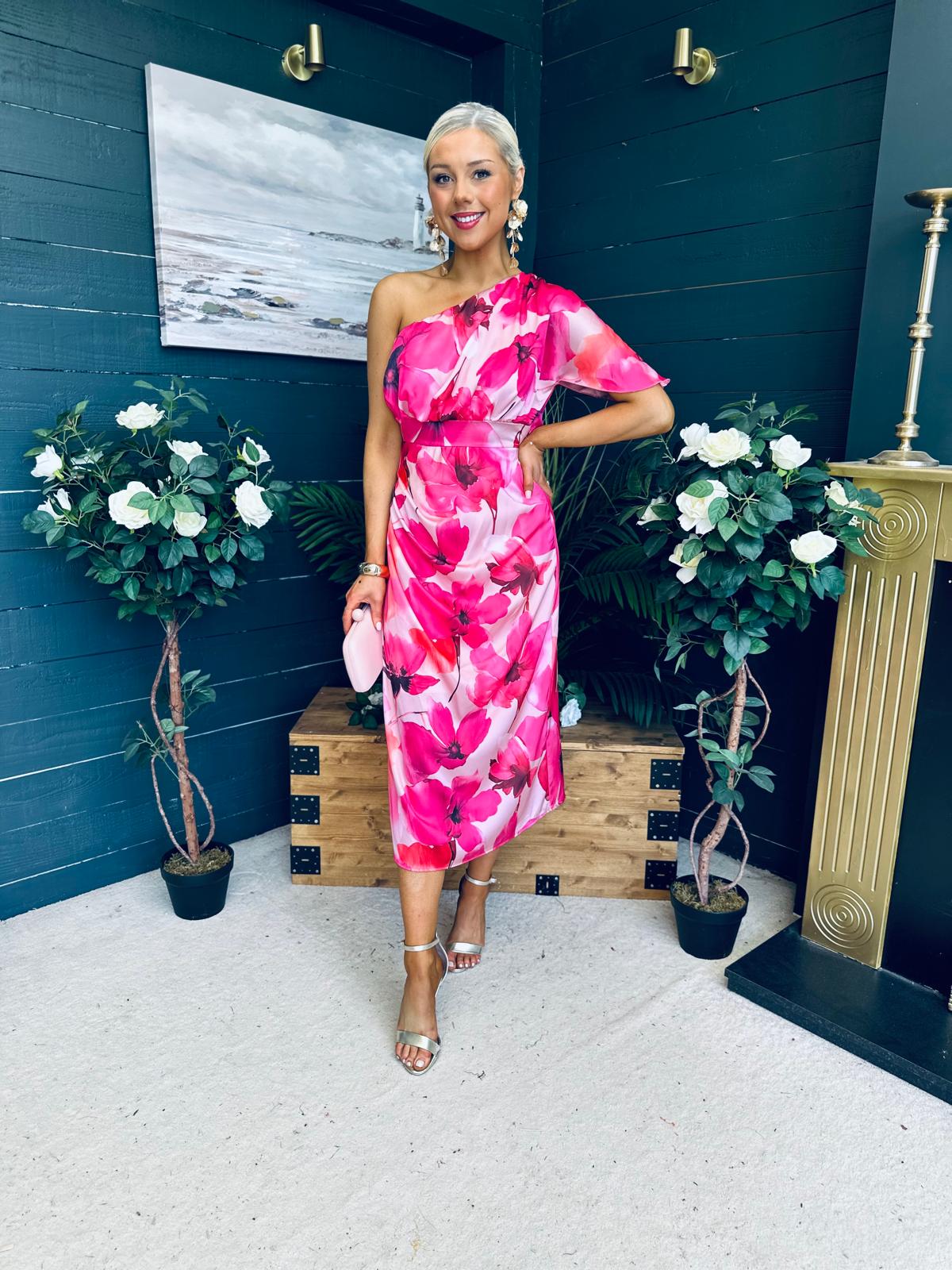 Emer One Shoulder Midi Dress Floral Fuchsia