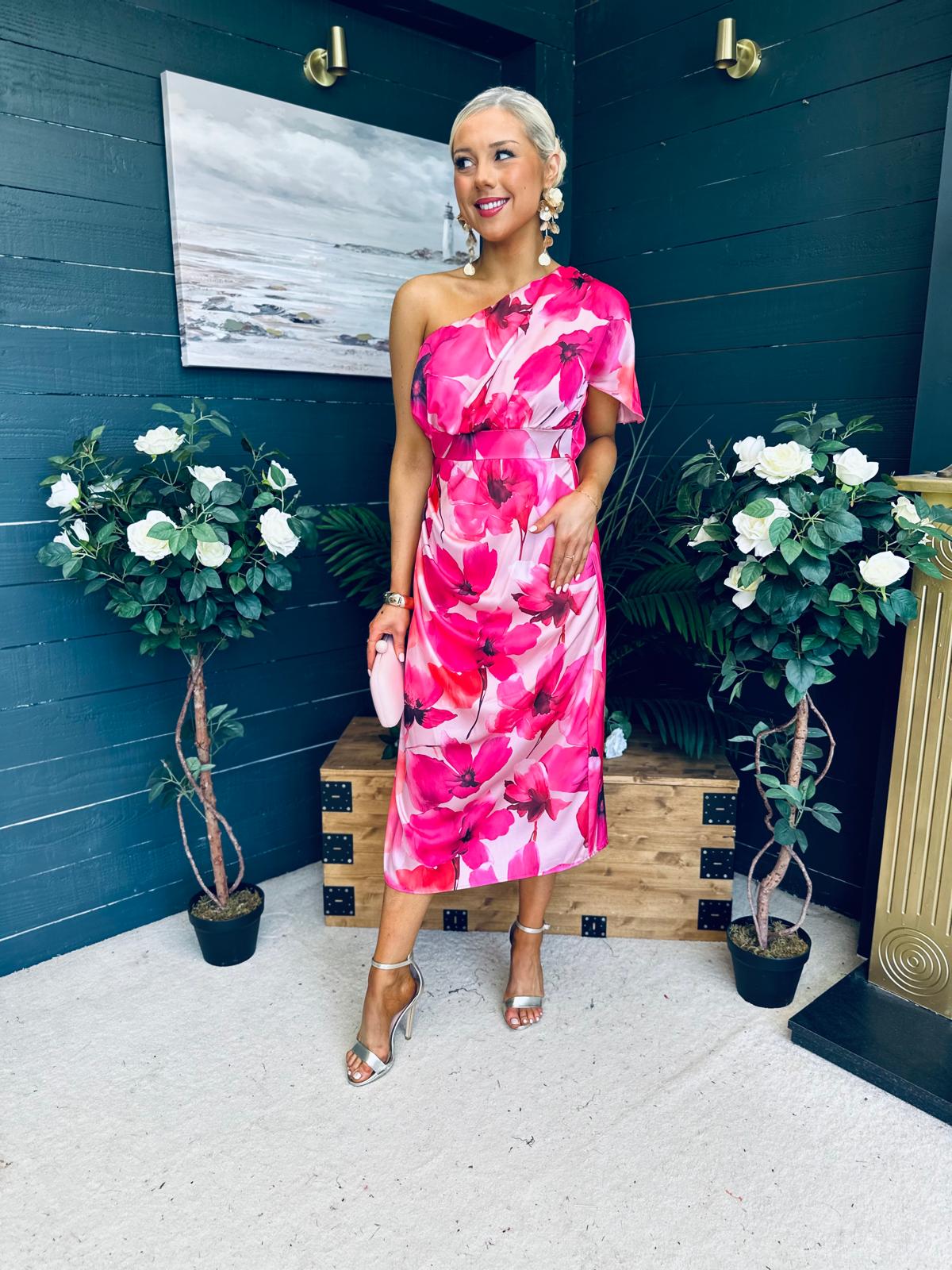 Emer One Shoulder Midi Dress Floral Fuchsia