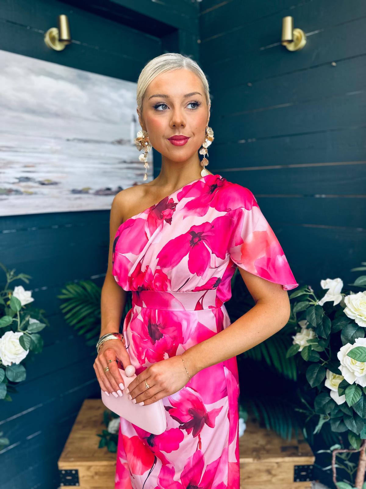 Emer One Shoulder Midi Dress Floral Fuchsia