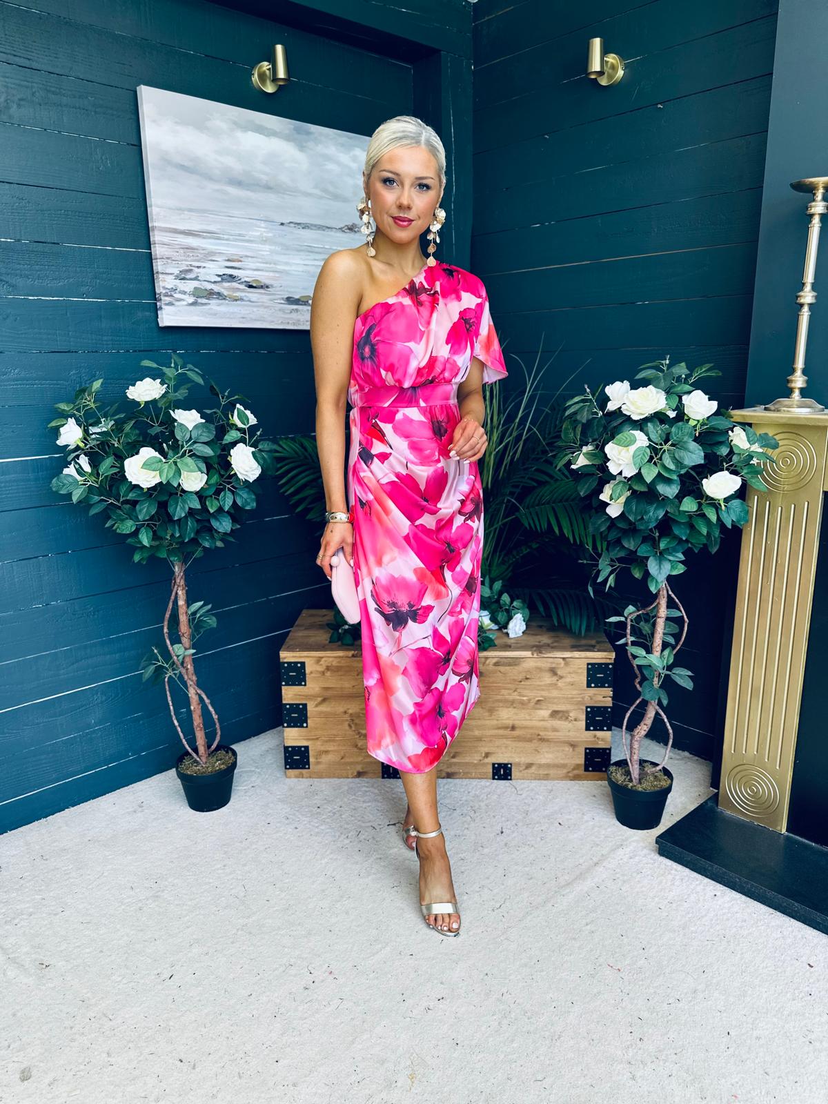 Emer One Shoulder Midi Dress Floral Fuchsia