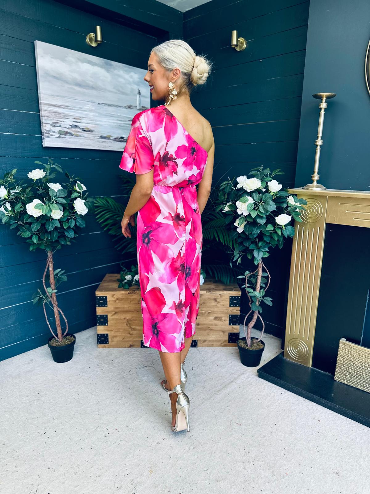 Emer One Shoulder Midi Dress Floral Fuchsia