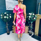 Emer One Shoulder Midi Dress Floral Fuchsia