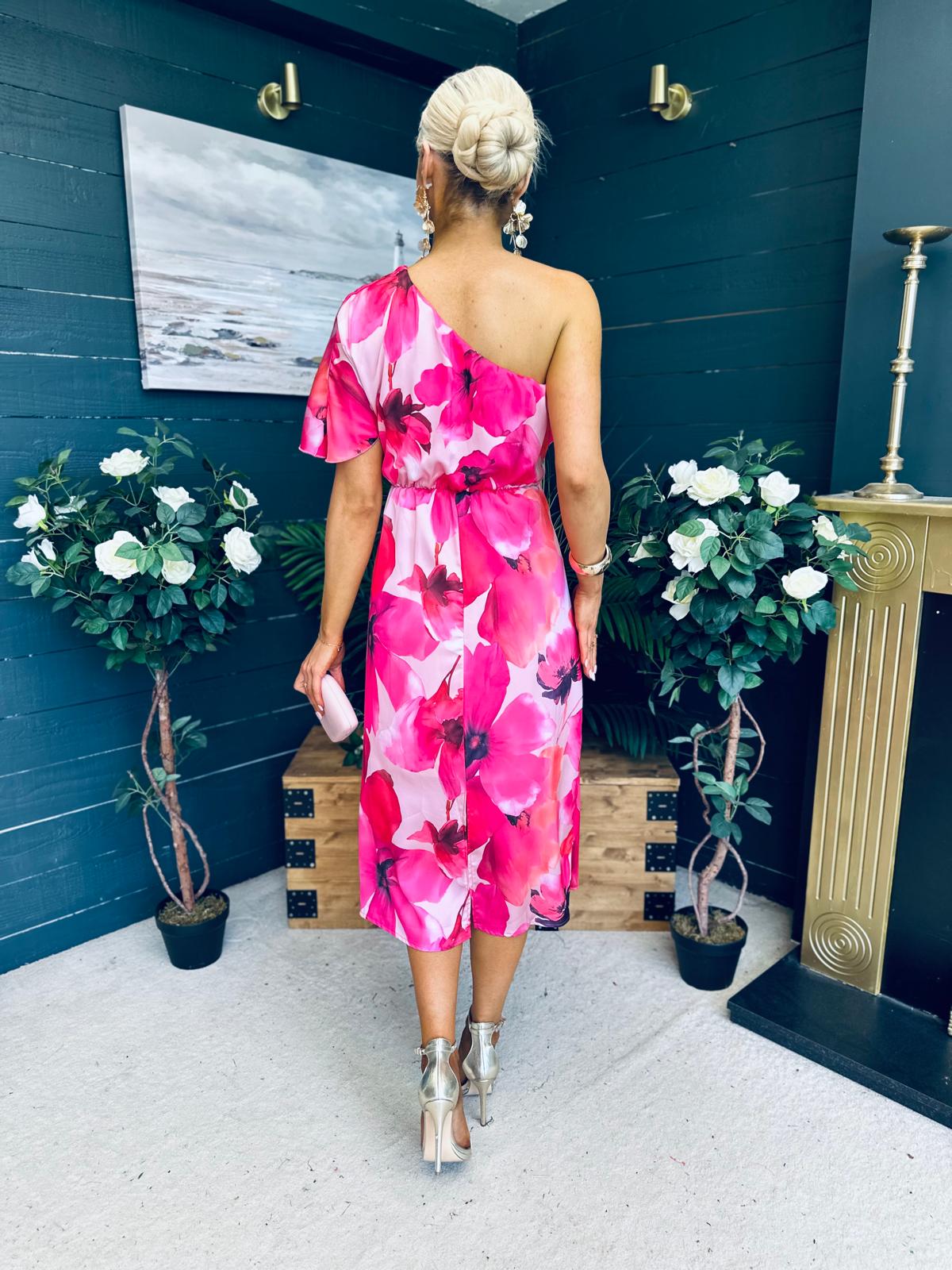 Emer One Shoulder Midi Dress Floral Fuchsia