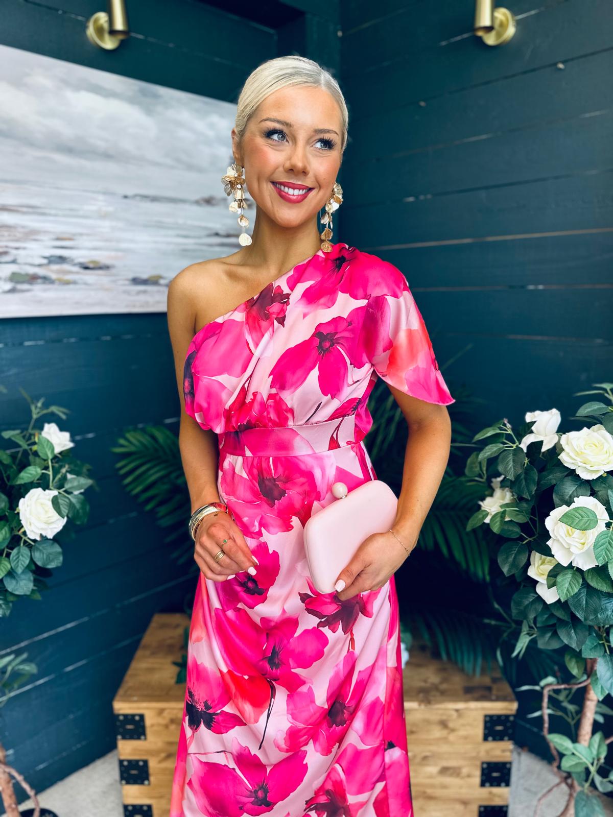 Emer One Shoulder Midi Dress Floral Fuchsia
