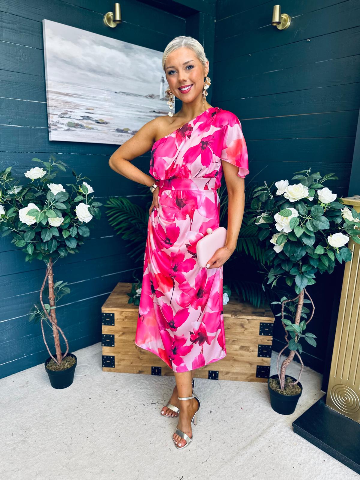 Emer One Shoulder Midi Dress Floral Fuchsia