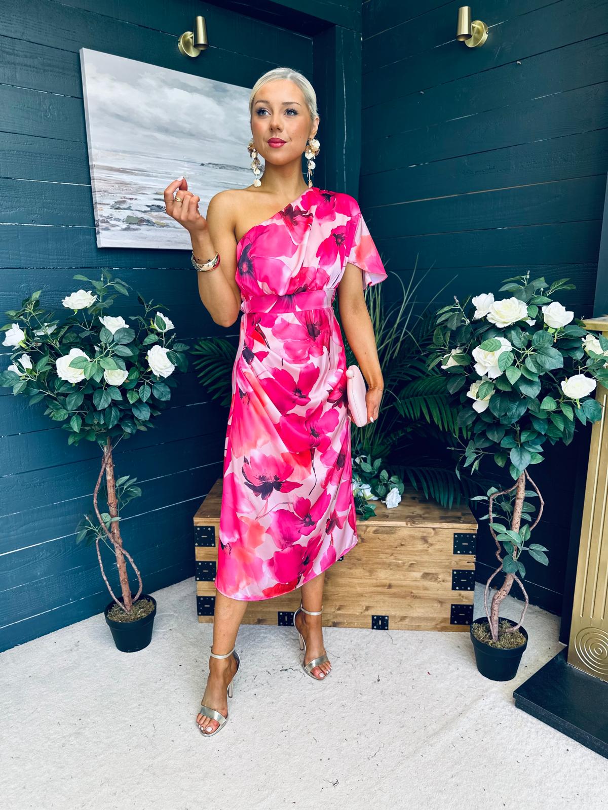Emer One Shoulder Midi Dress Floral Fuchsia