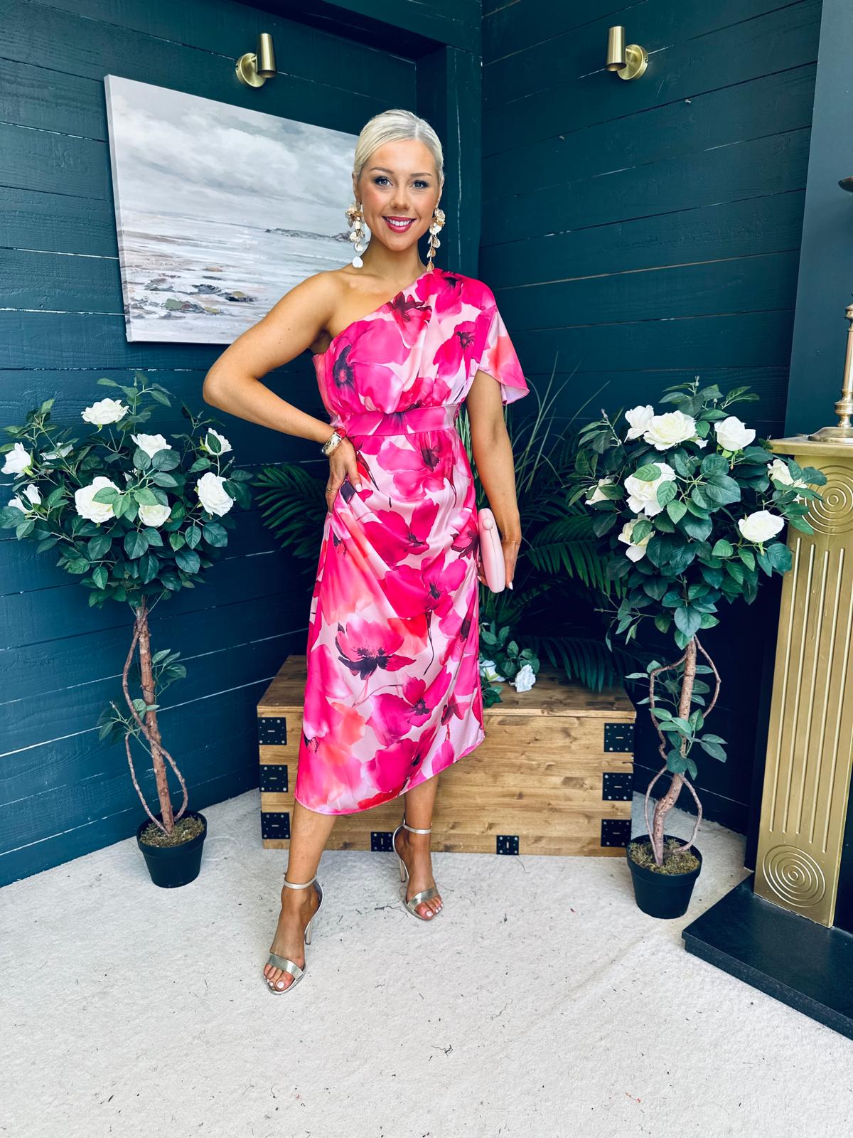 Emer One Shoulder Midi Dress Floral Fuchsia