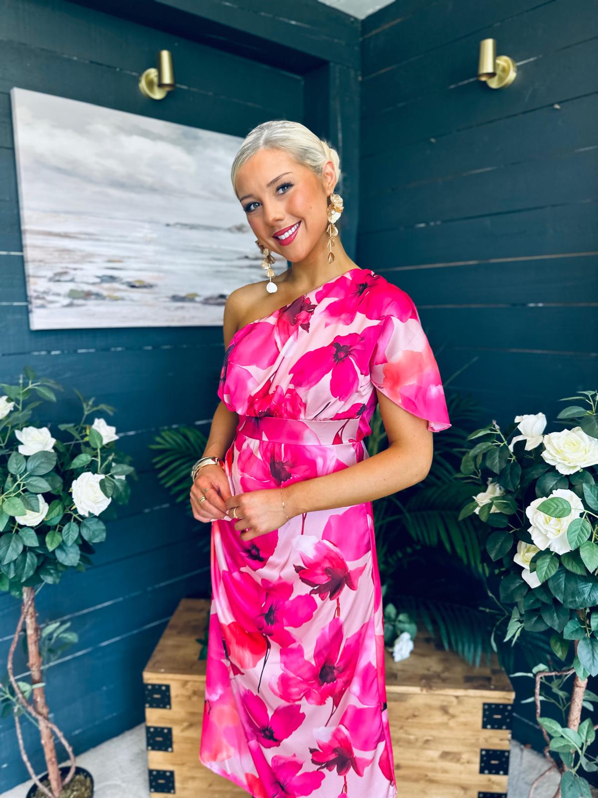 Emer One Shoulder Midi Dress Floral Fuchsia