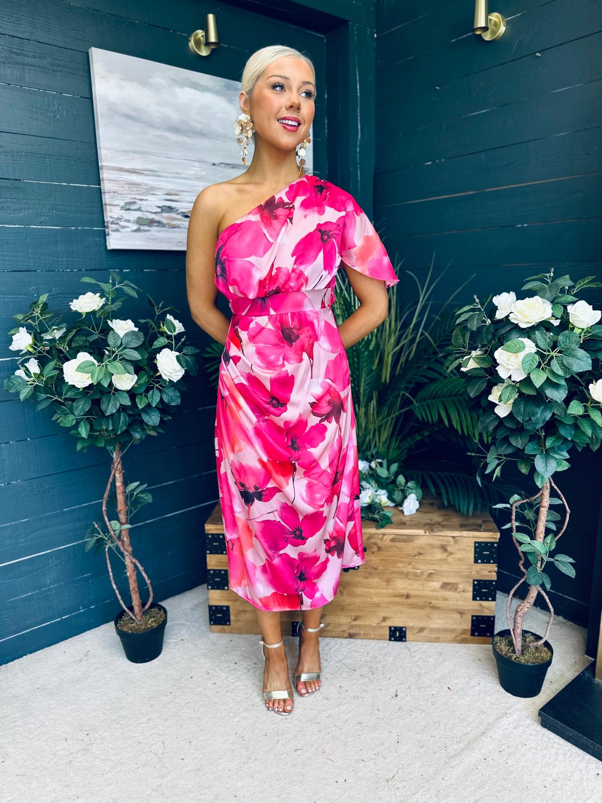 Emer One Shoulder Midi Dress Floral Fuchsia