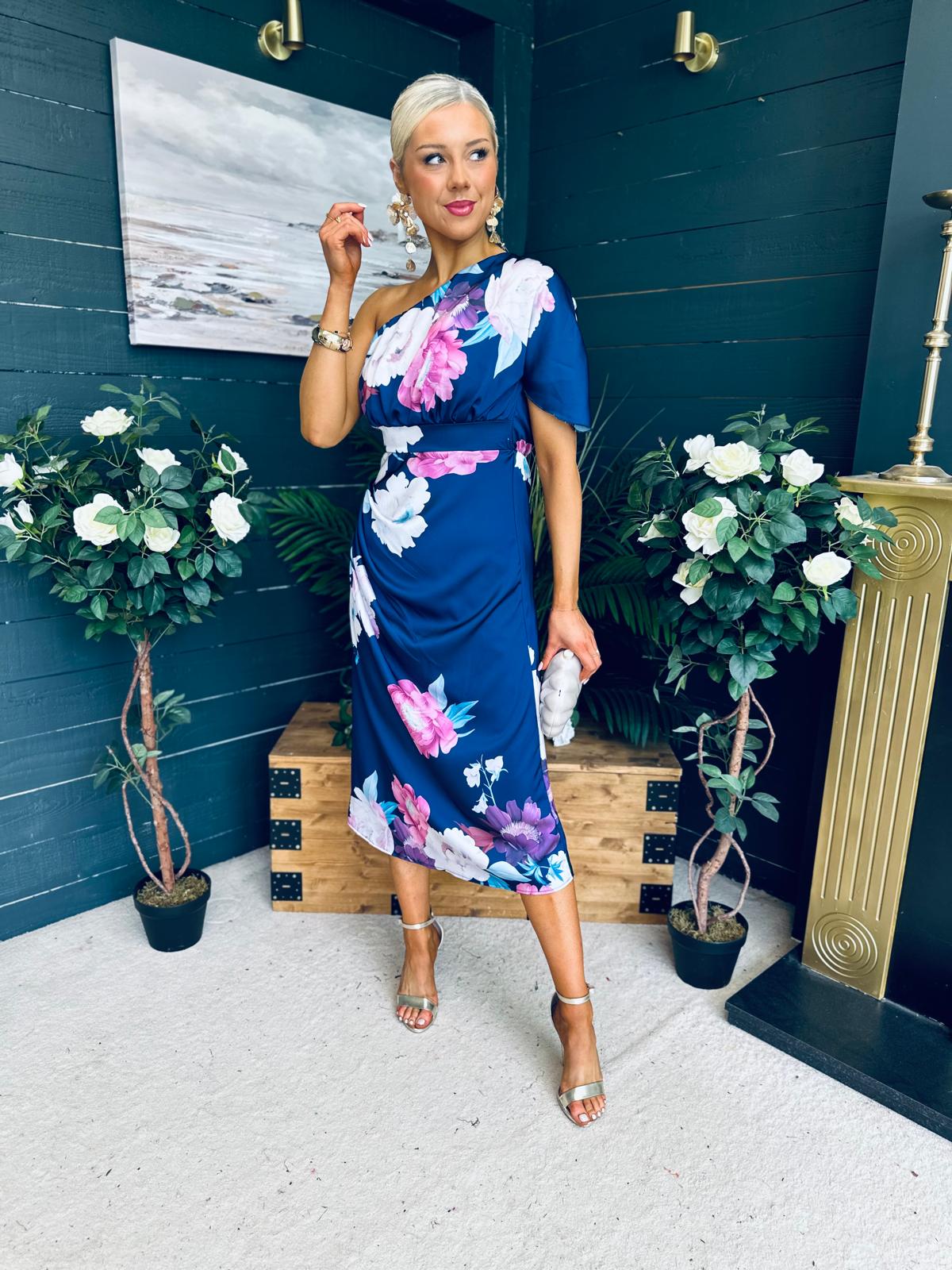 Emer One Shoulder Midi Dress Navy