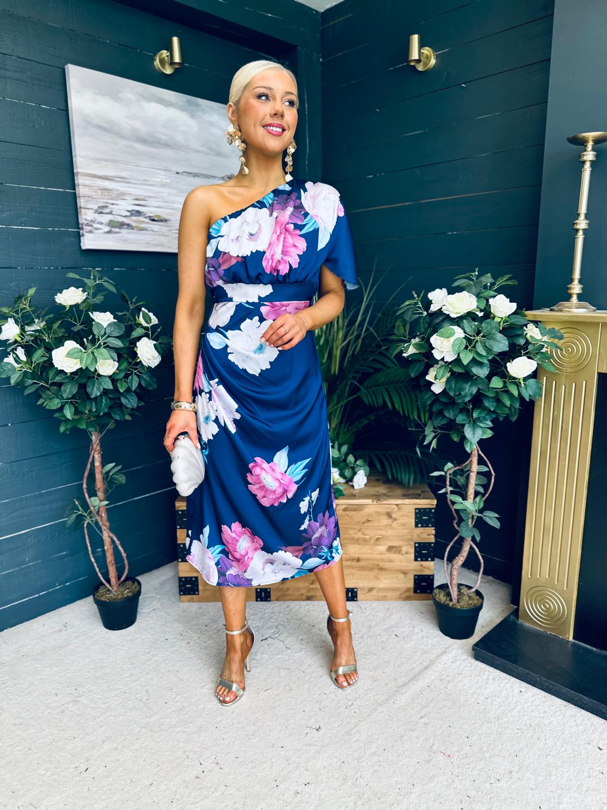 Emer One Shoulder Midi Dress Navy