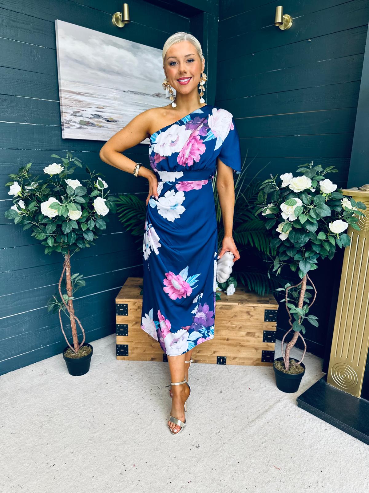 Emer One Shoulder Midi Dress Navy