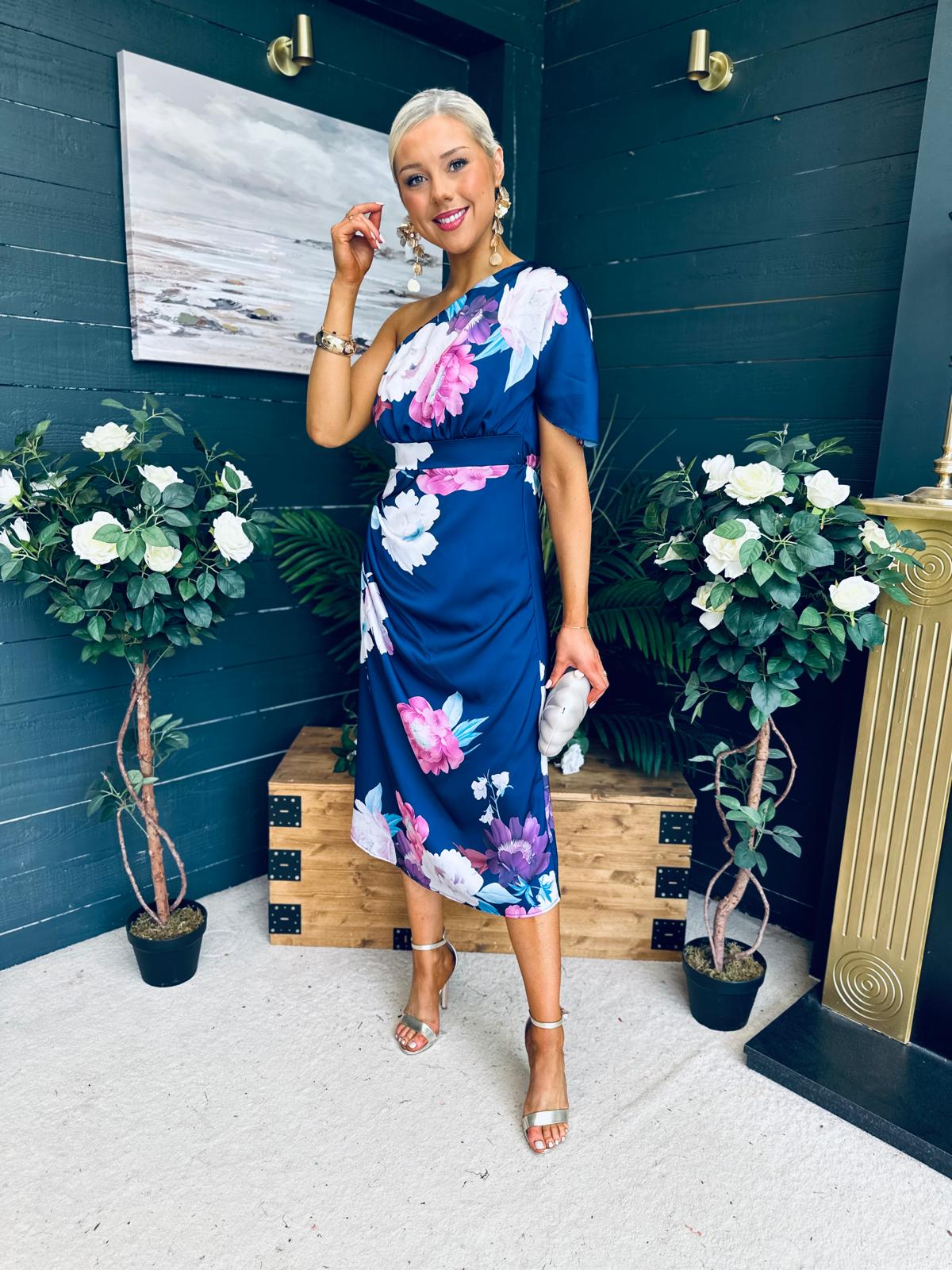 Emer One Shoulder Midi Dress Navy