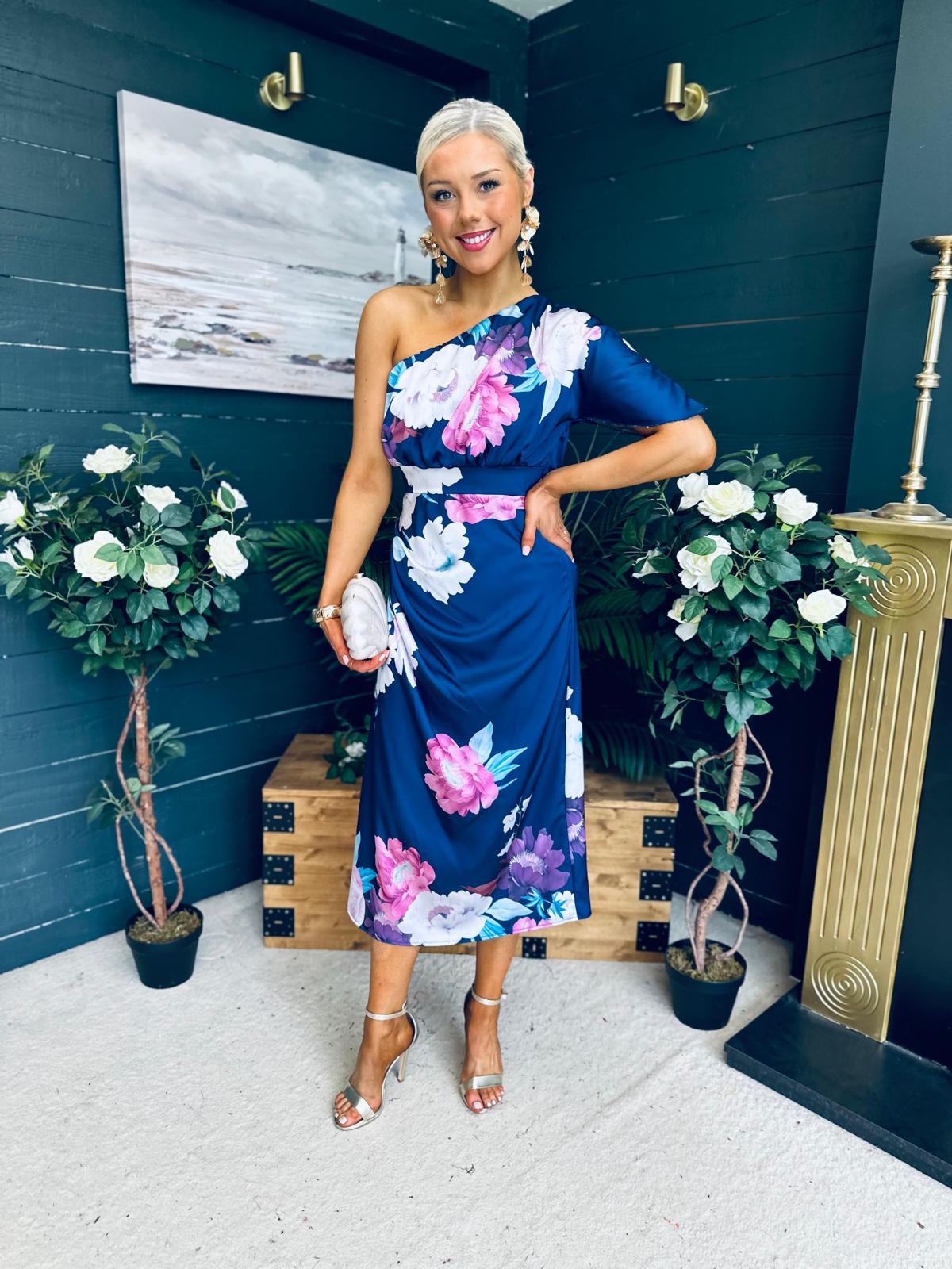 Emer One Shoulder Midi Dress Navy