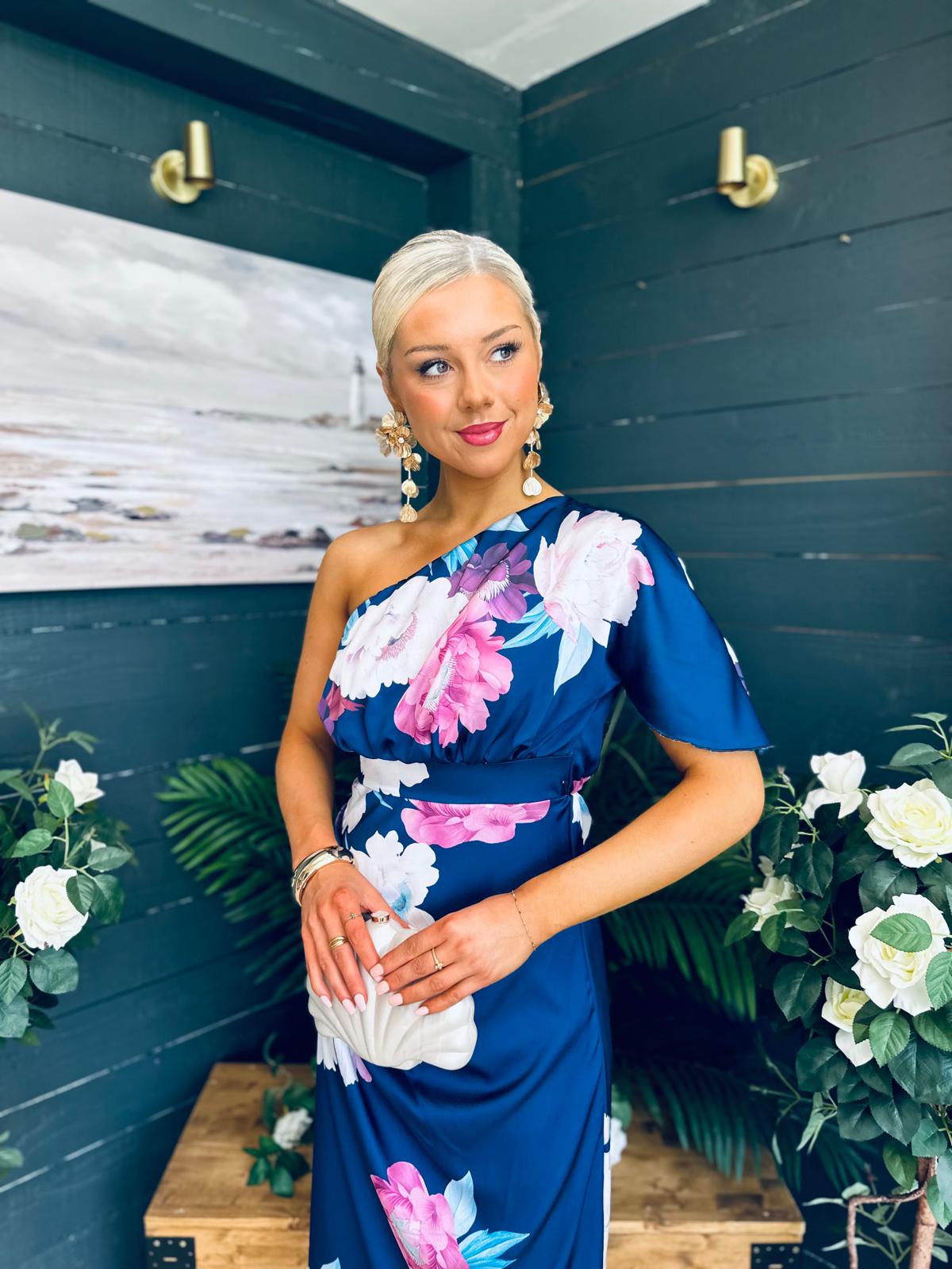 Emer One Shoulder Midi Dress Navy