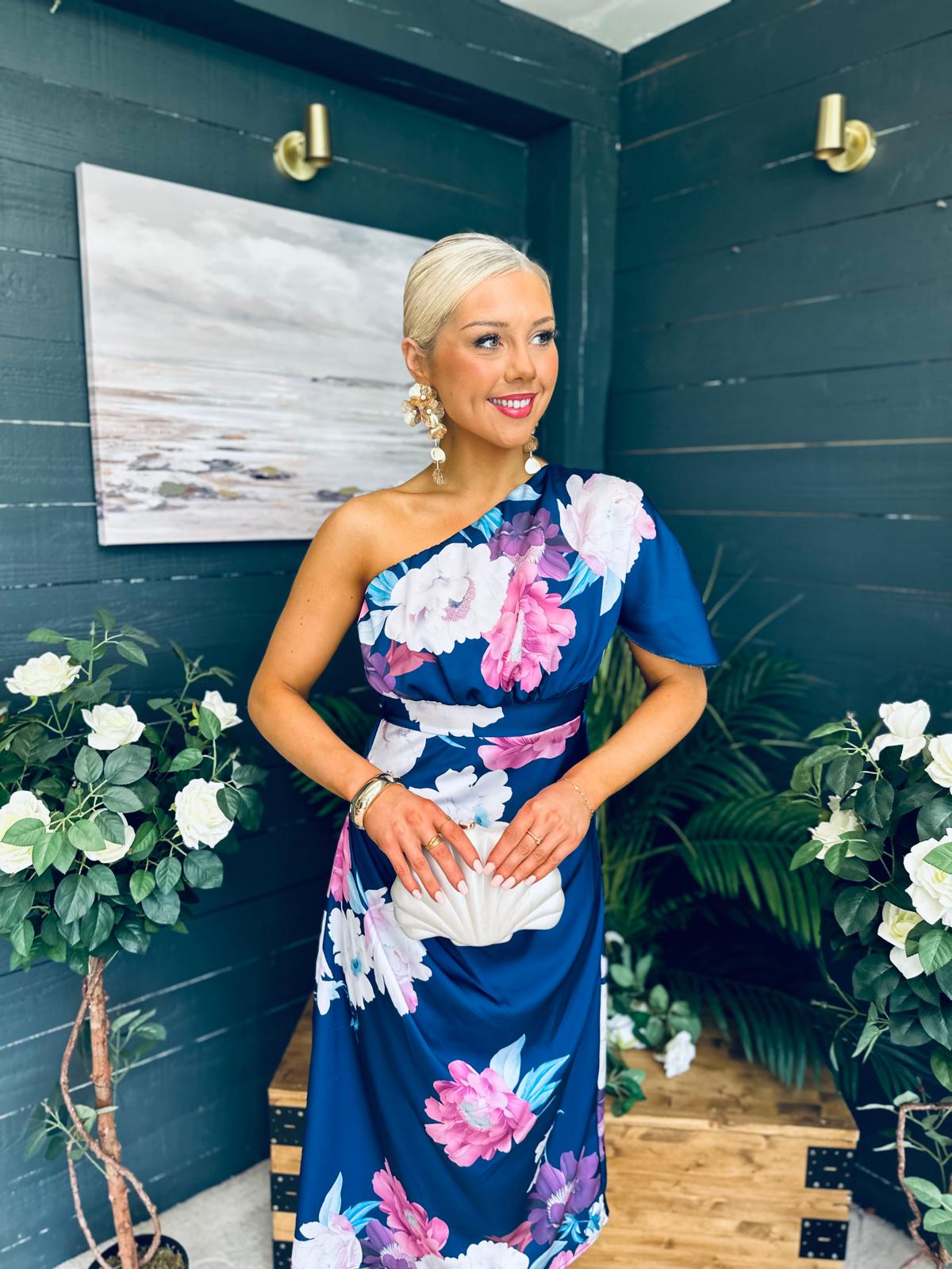 Emer One Shoulder Midi Dress Navy