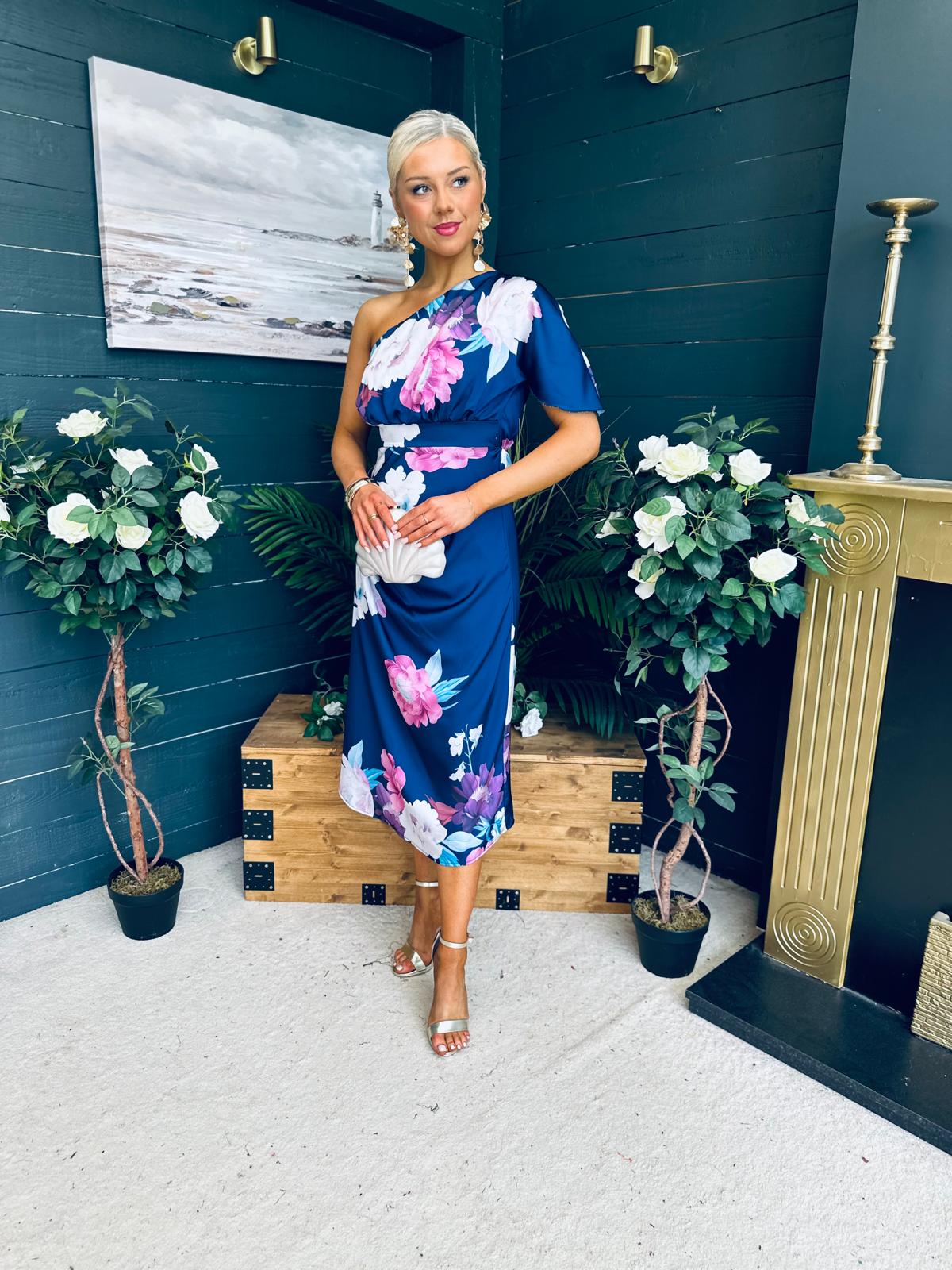 Emer One Shoulder Midi Dress Navy