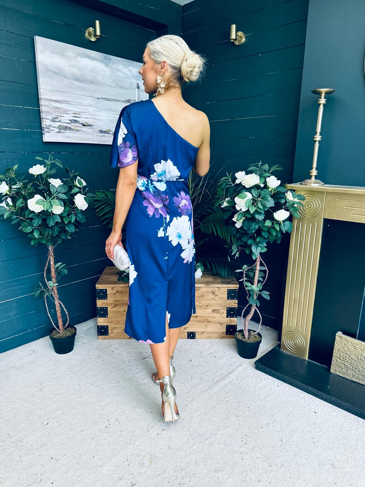 Emer One Shoulder Midi Dress Navy