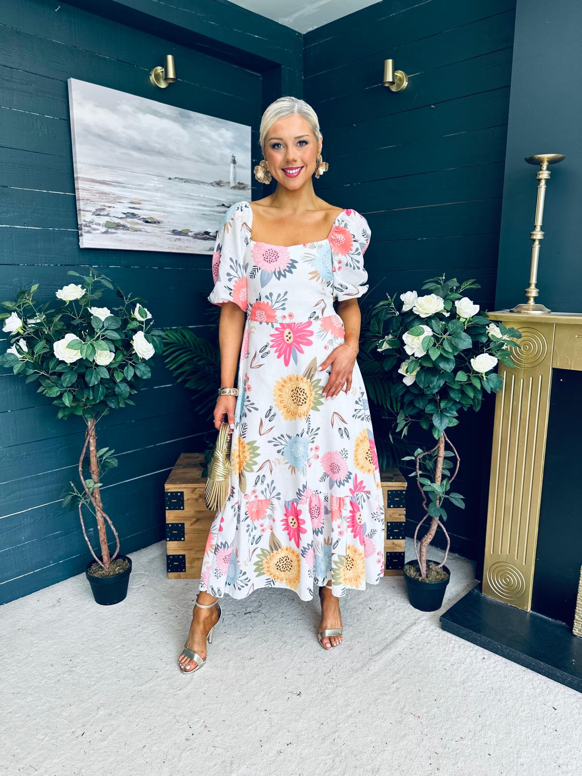 Davina Puff Sleeve Midi Dress White