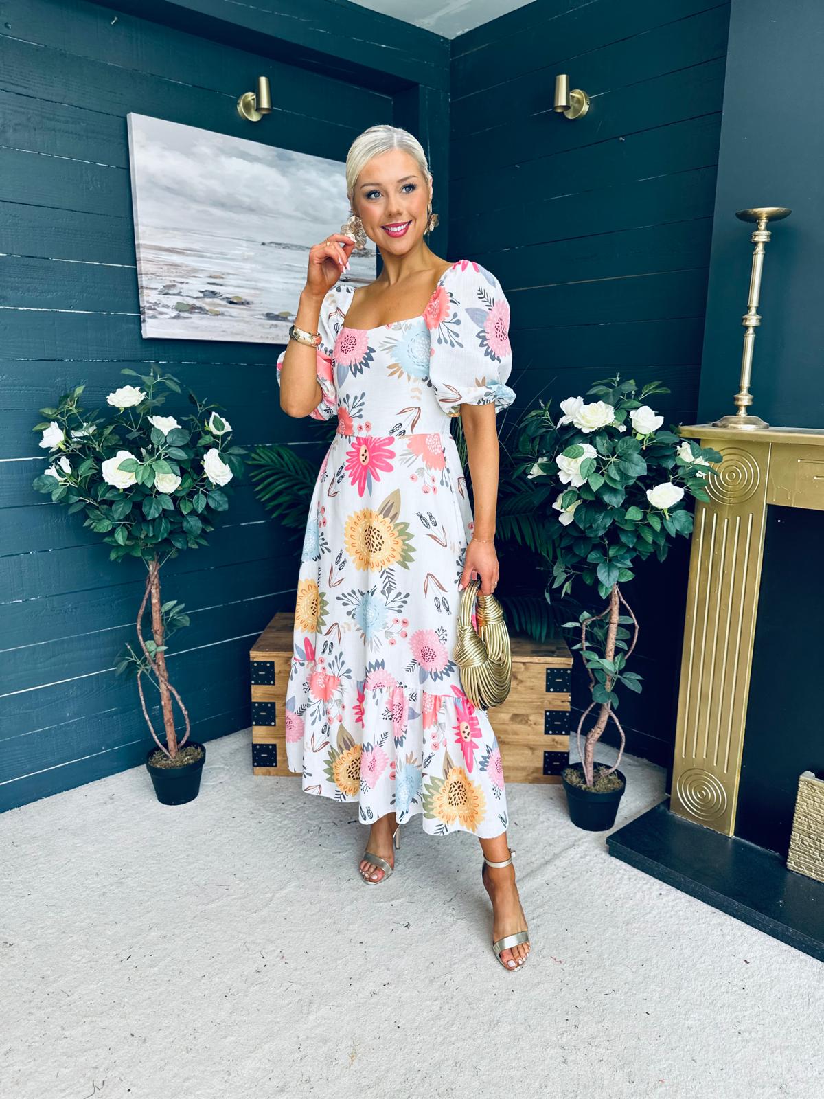 Davina Puff Sleeve Midi Dress White