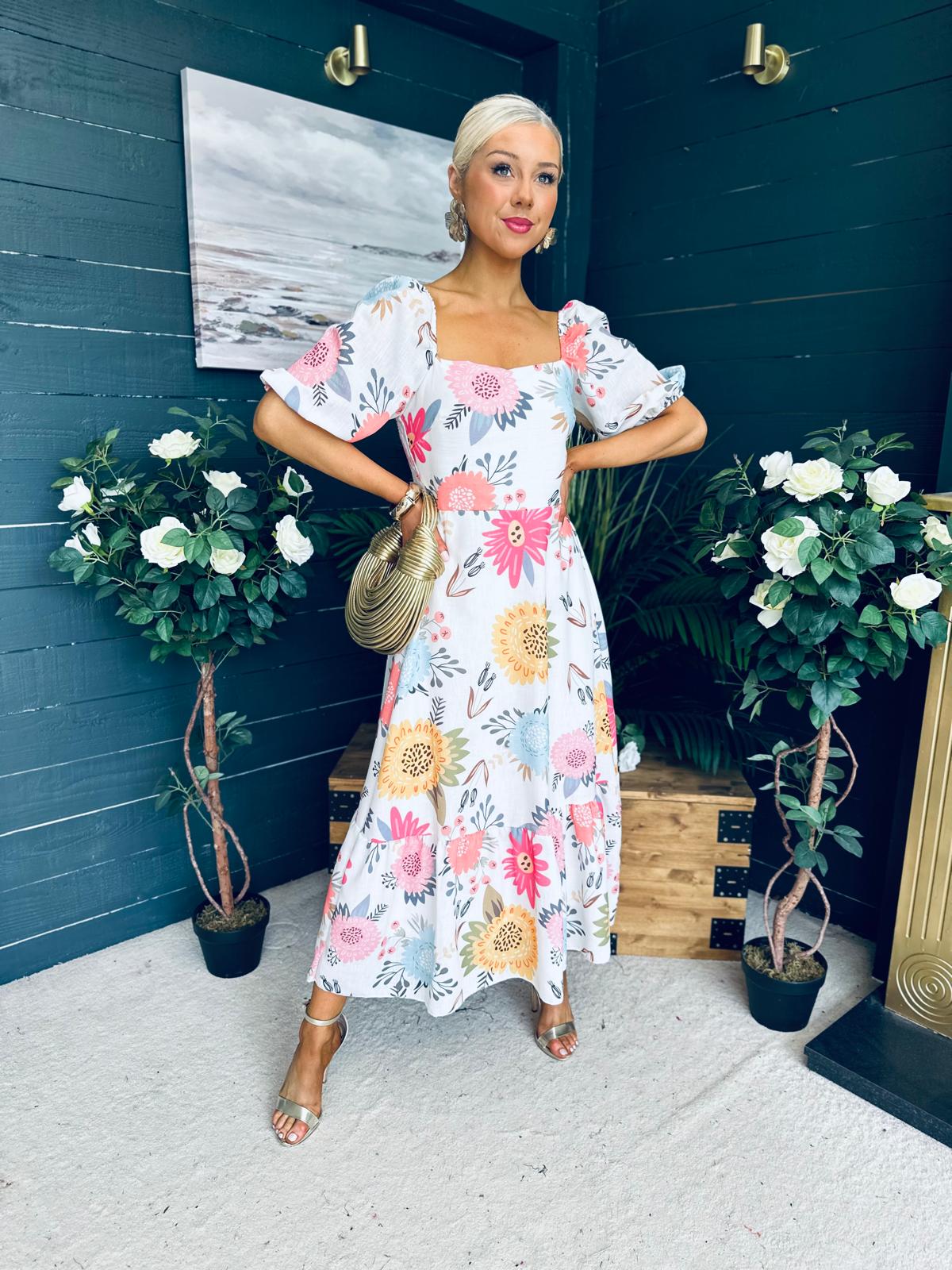 Davina Puff Sleeve Midi Dress White