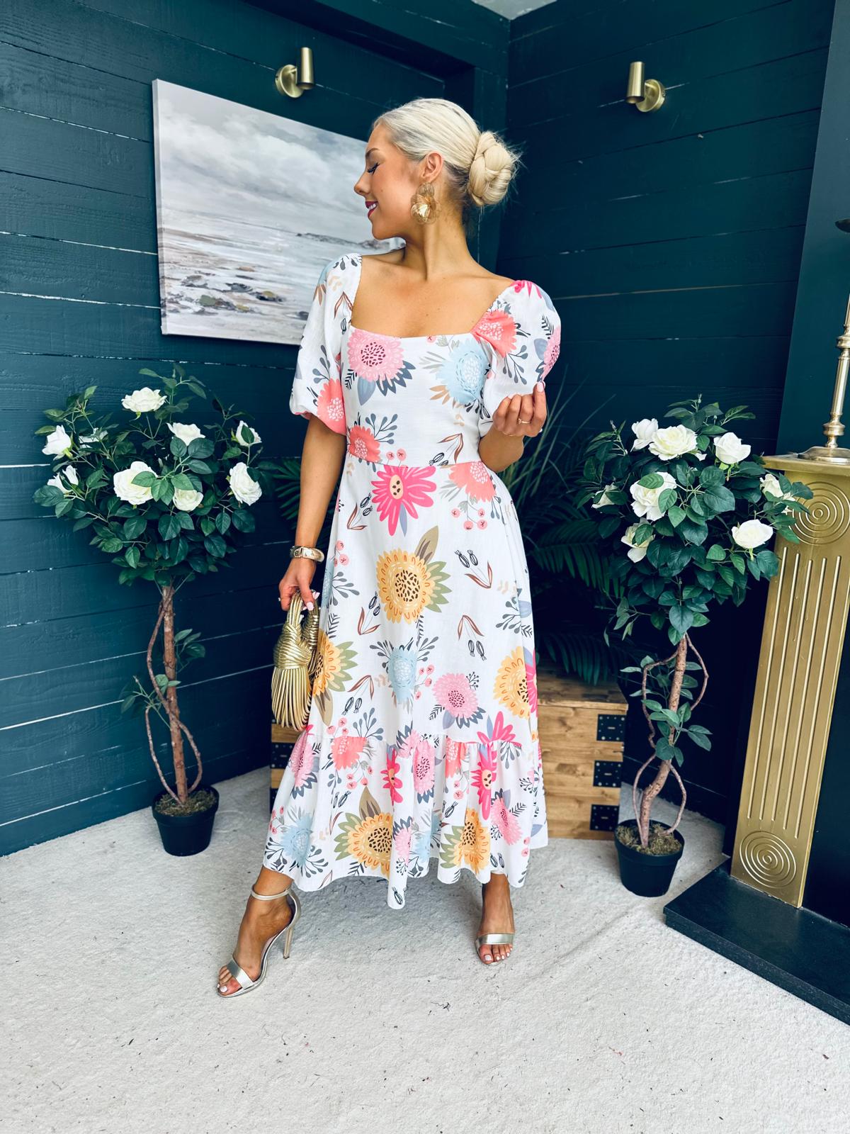 Davina Puff Sleeve Midi Dress White