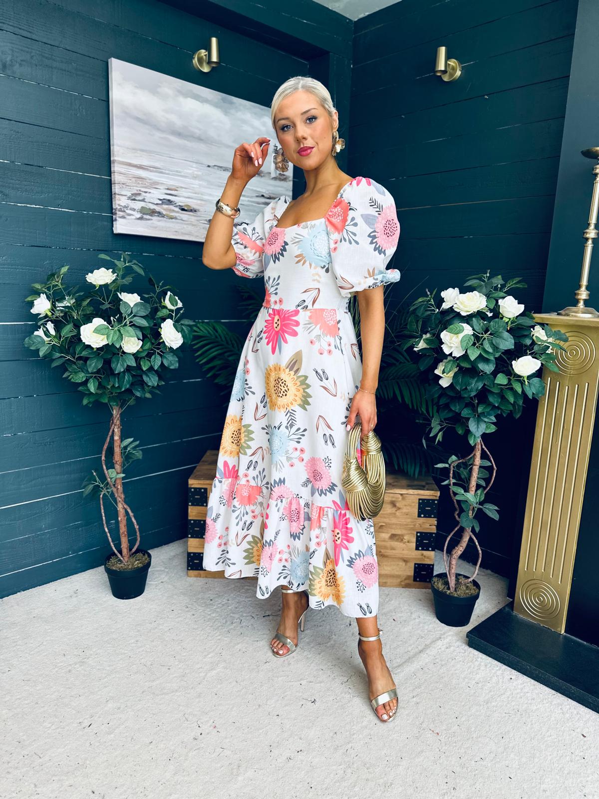 Davina Puff Sleeve Midi Dress White