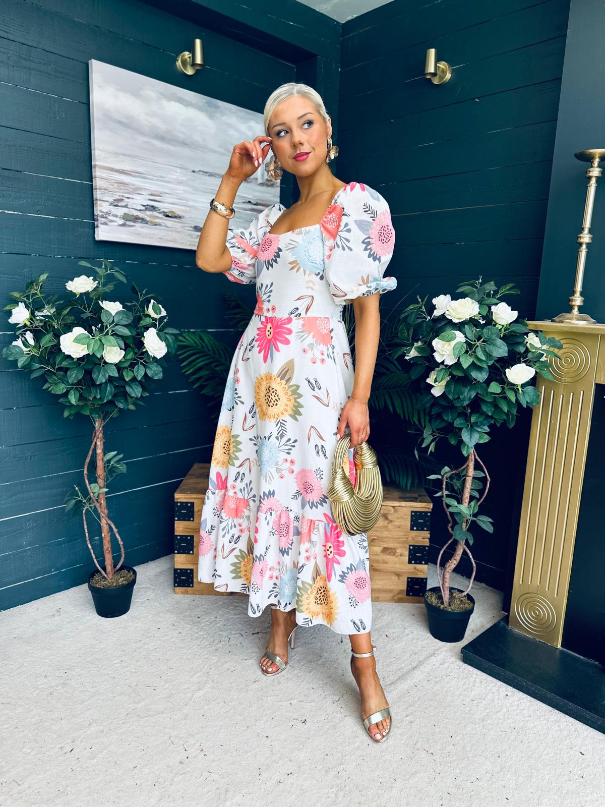Davina Puff Sleeve Midi Dress White