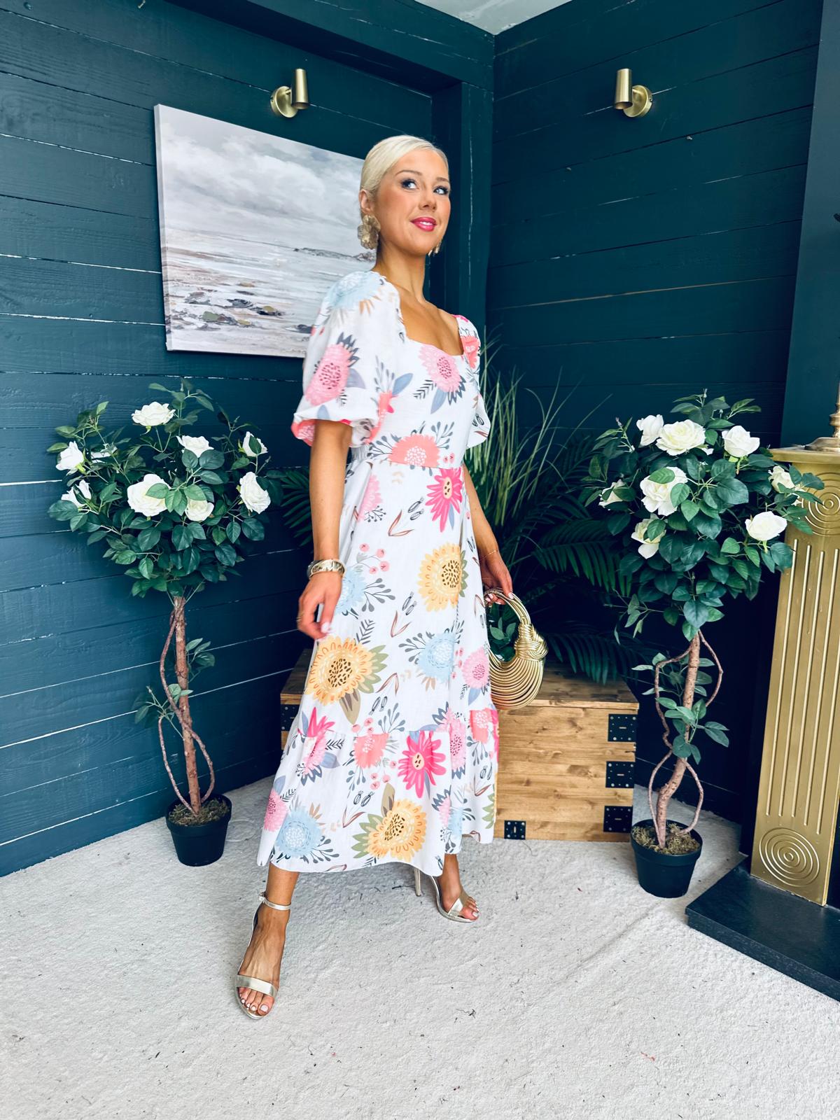 Davina Puff Sleeve Midi Dress White