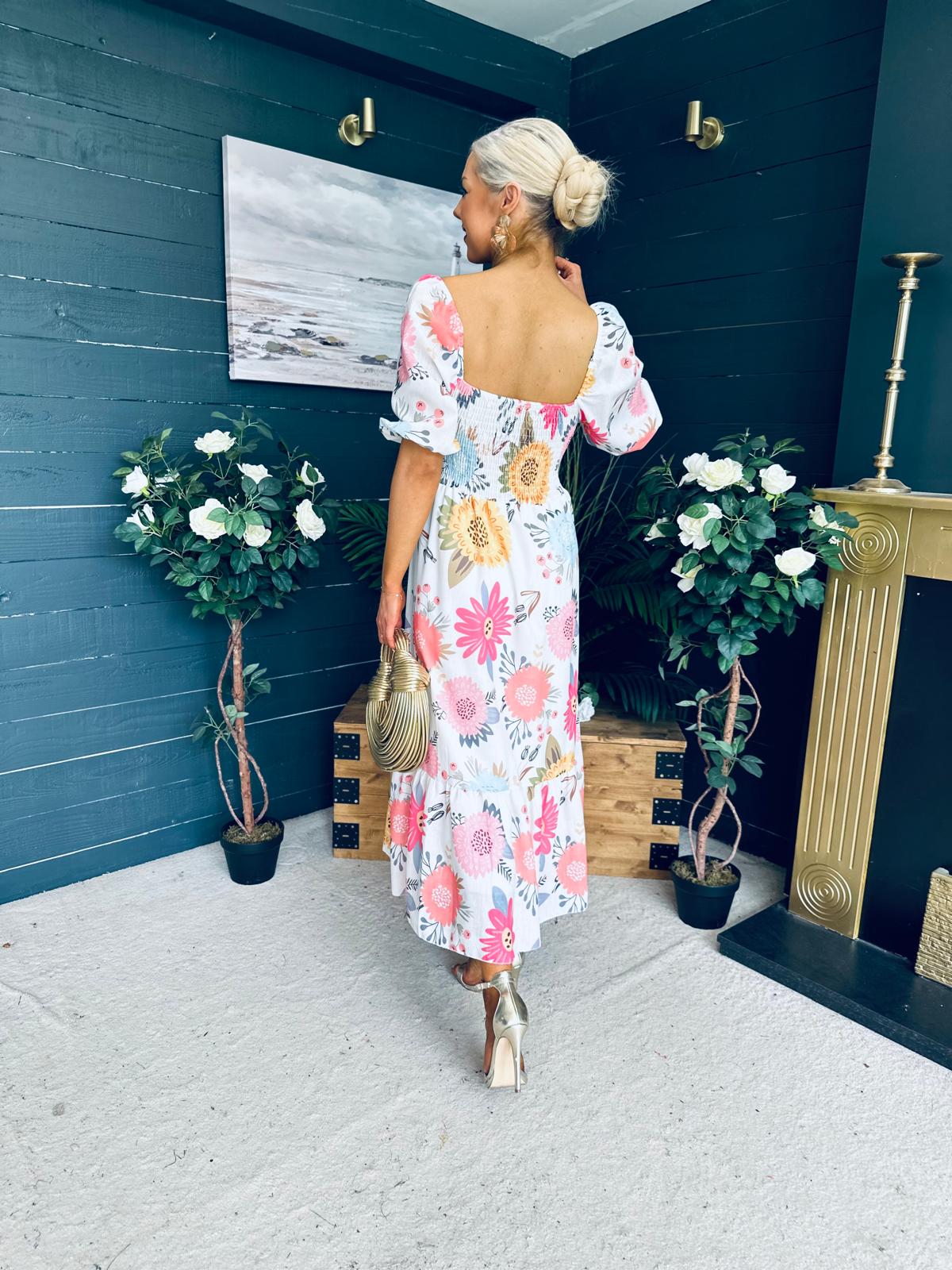 Davina Puff Sleeve Midi Dress White