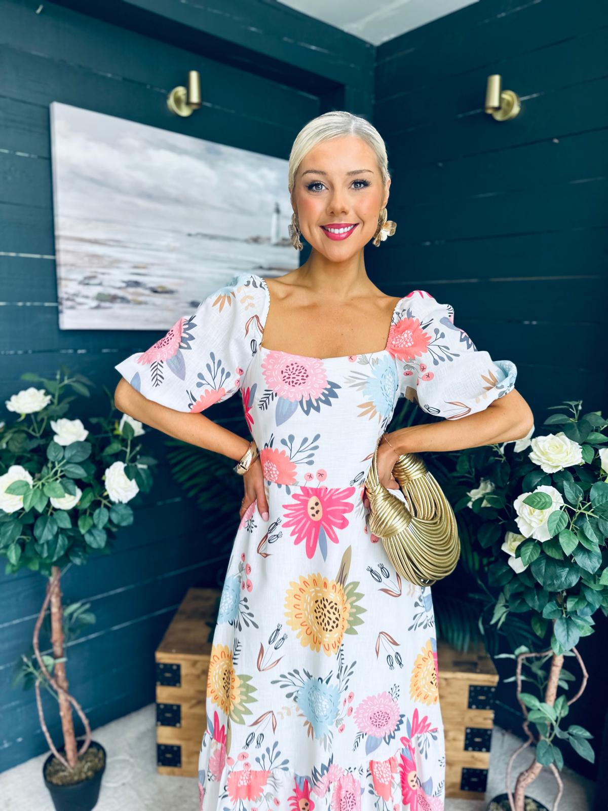 Davina Puff Sleeve Midi Dress White