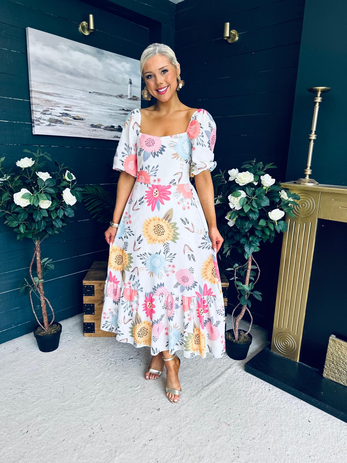 Davina Puff Sleeve Midi Dress White