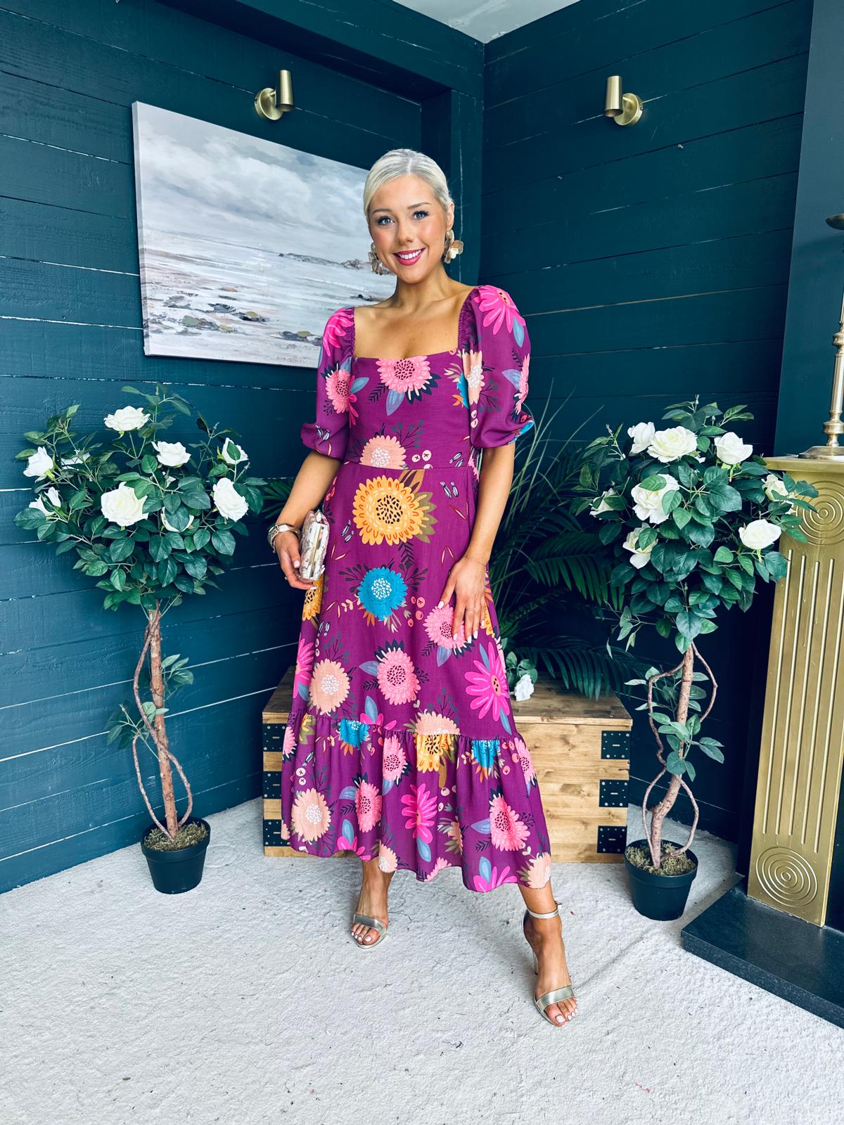 Davina Puff Sleeve Midi Dress Berry